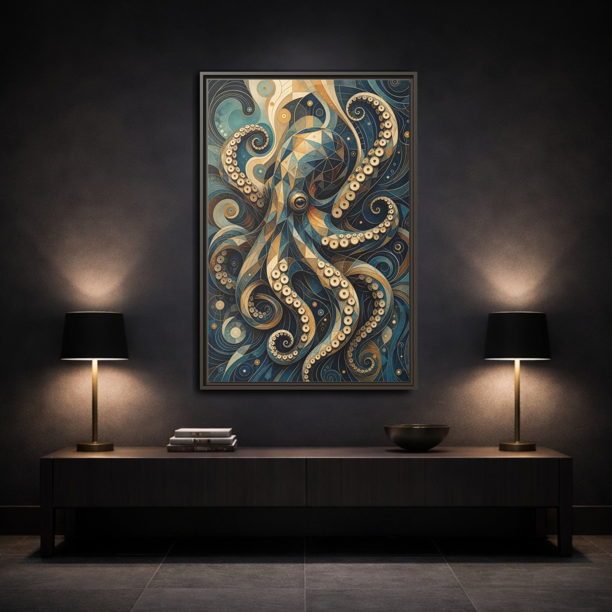 Mockup 3. Animals Octopus Octopus Art Blue Gold shown as stretched canvas wall art