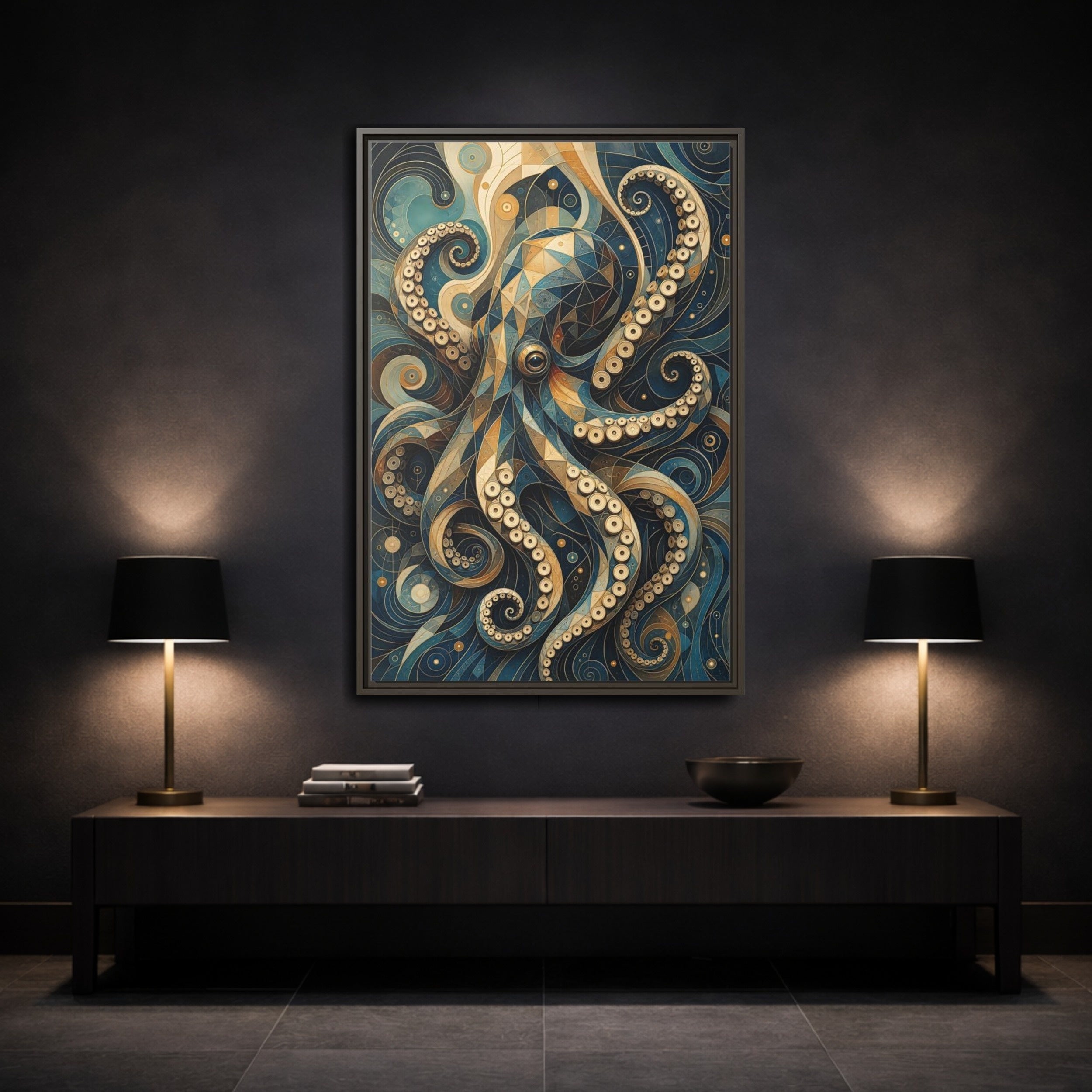 Mockup 3. Animals Octopus Octopus Art Blue Gold shown as stretched canvas wall art