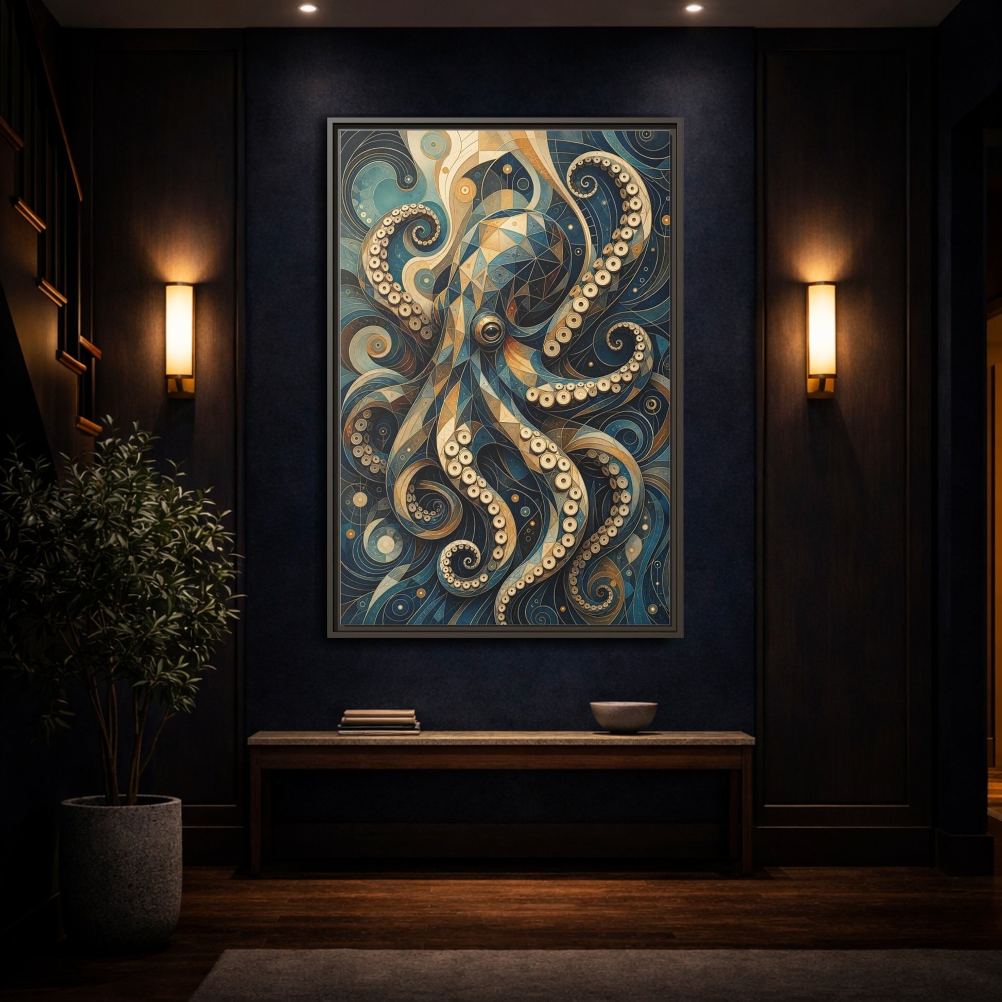 Mockup 4. Animals Octopus Octopus Art Blue Gold shown as stretched canvas wall art