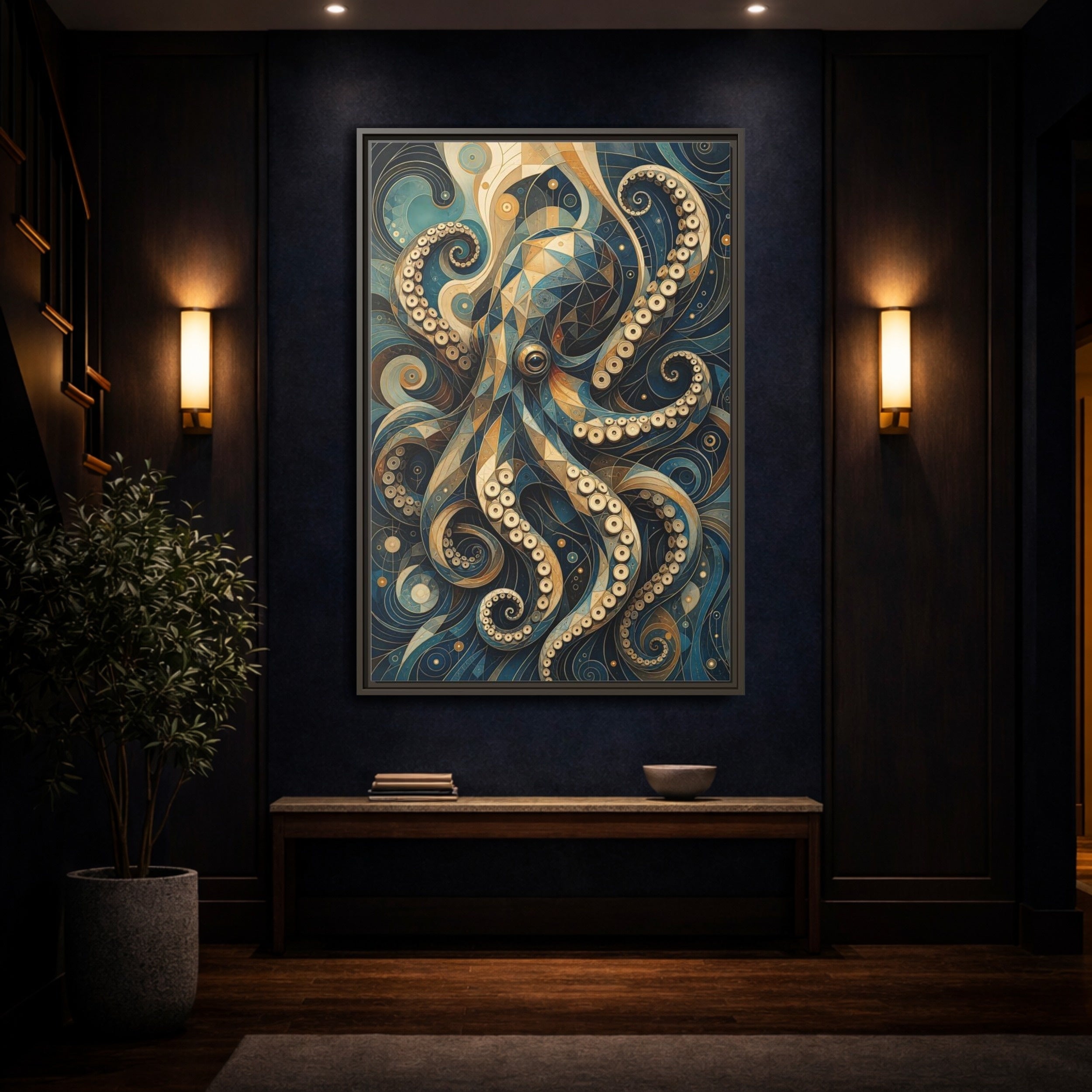 Mockup 4. Animals Octopus Octopus Art Blue Gold shown as stretched canvas wall art