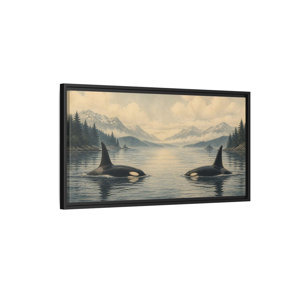 Side Mockup 2. Animals Orcas Orca Landscape shown as stretched canvas wall art