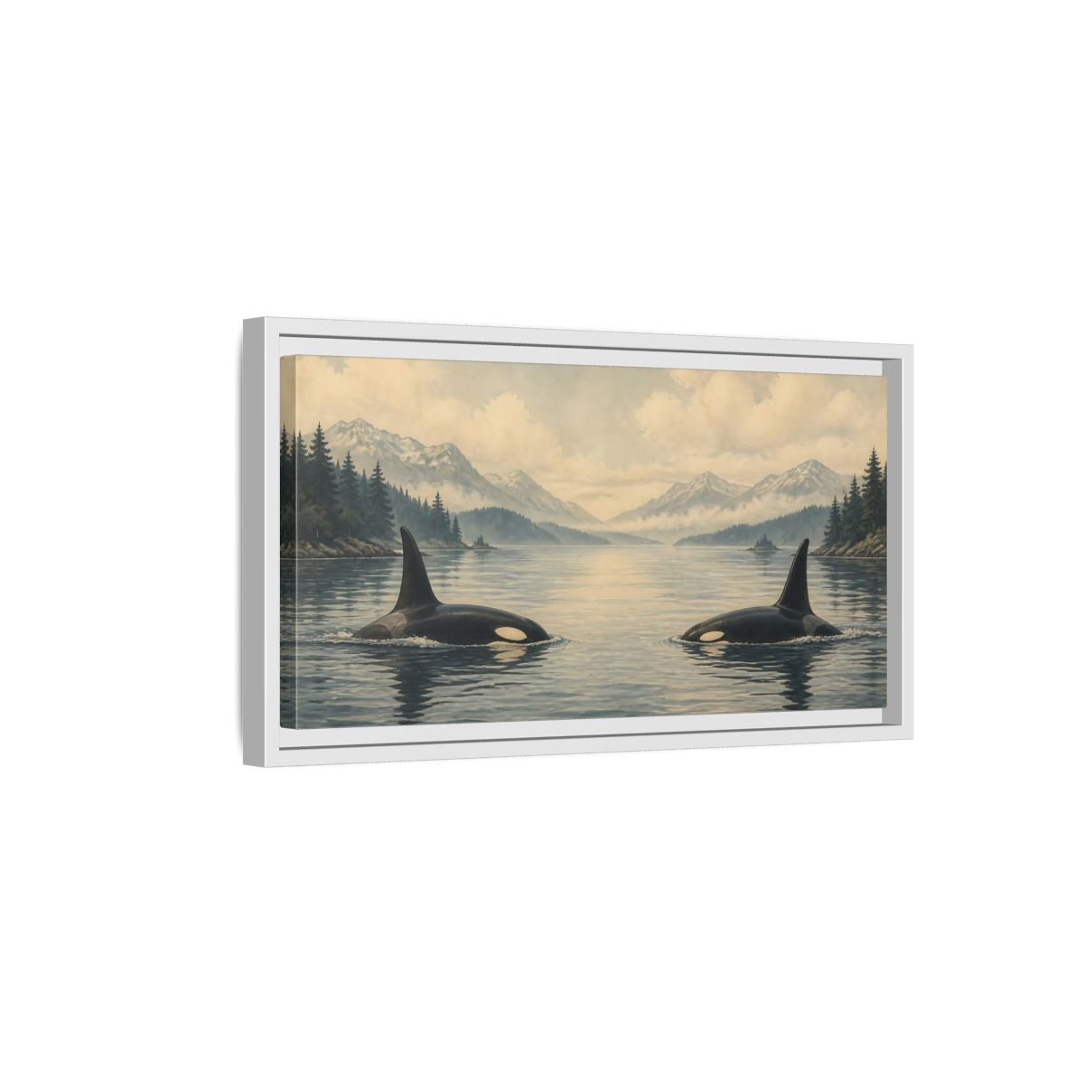 Side Mockup 6. Animals Orcas Orca Landscape shown as stretched canvas wall art