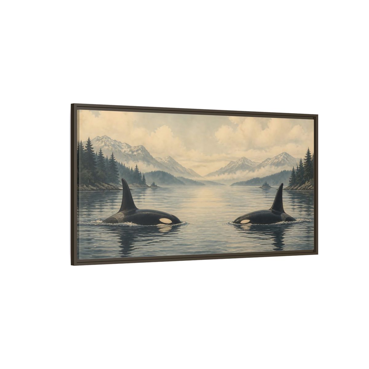 Side Mockup 4. Animals Orcas Orca Landscape shown as stretched canvas wall art