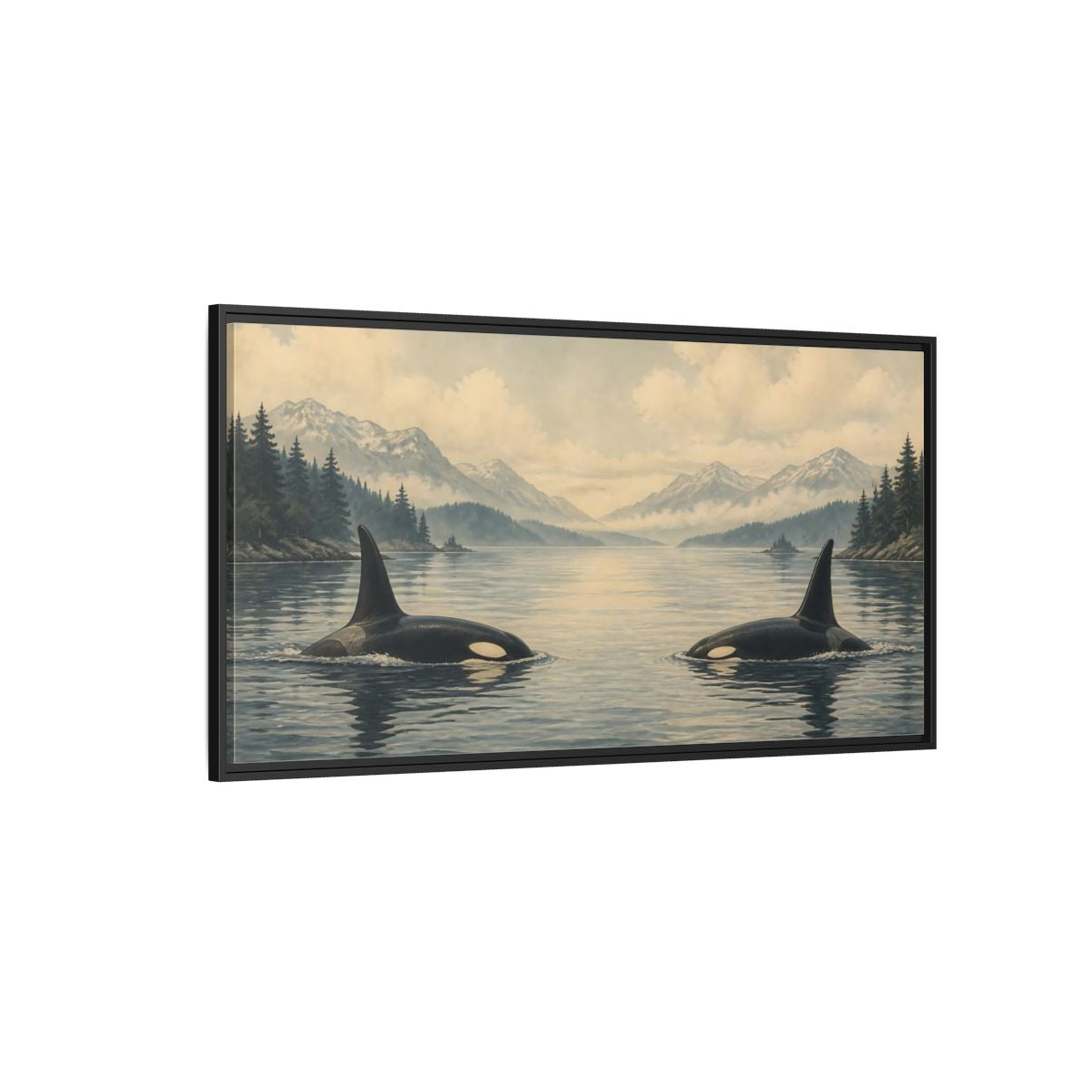 Side Mockup 5. Animals Orcas Orca Landscape shown as stretched canvas wall art