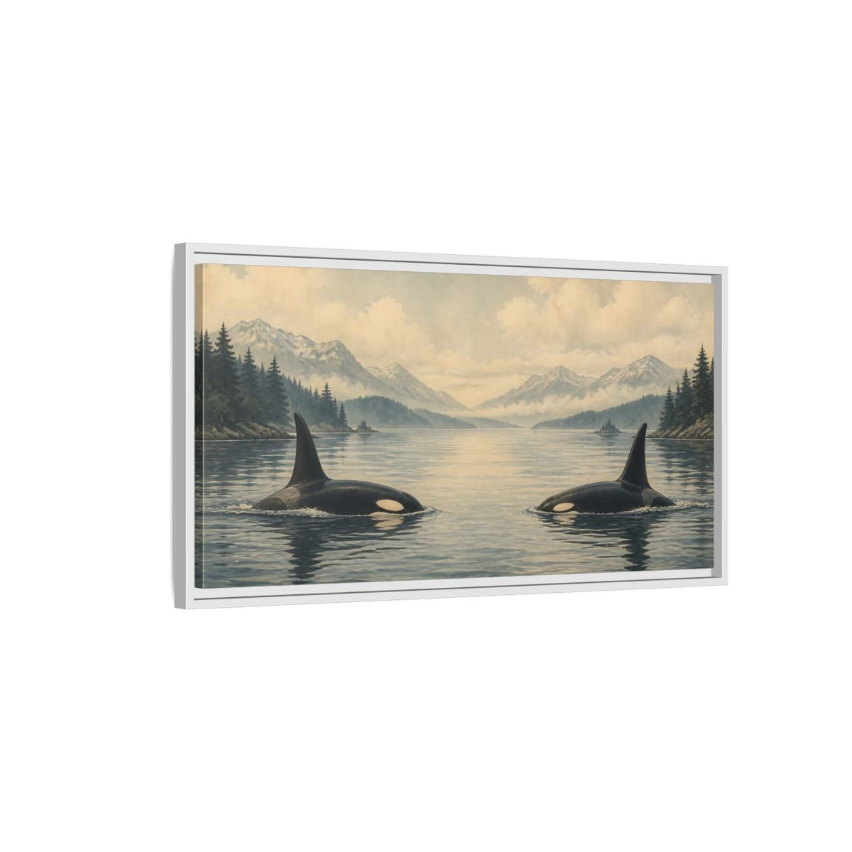 Side Mockup 1. Animals Orcas Orca Landscape shown as stretched canvas wall art