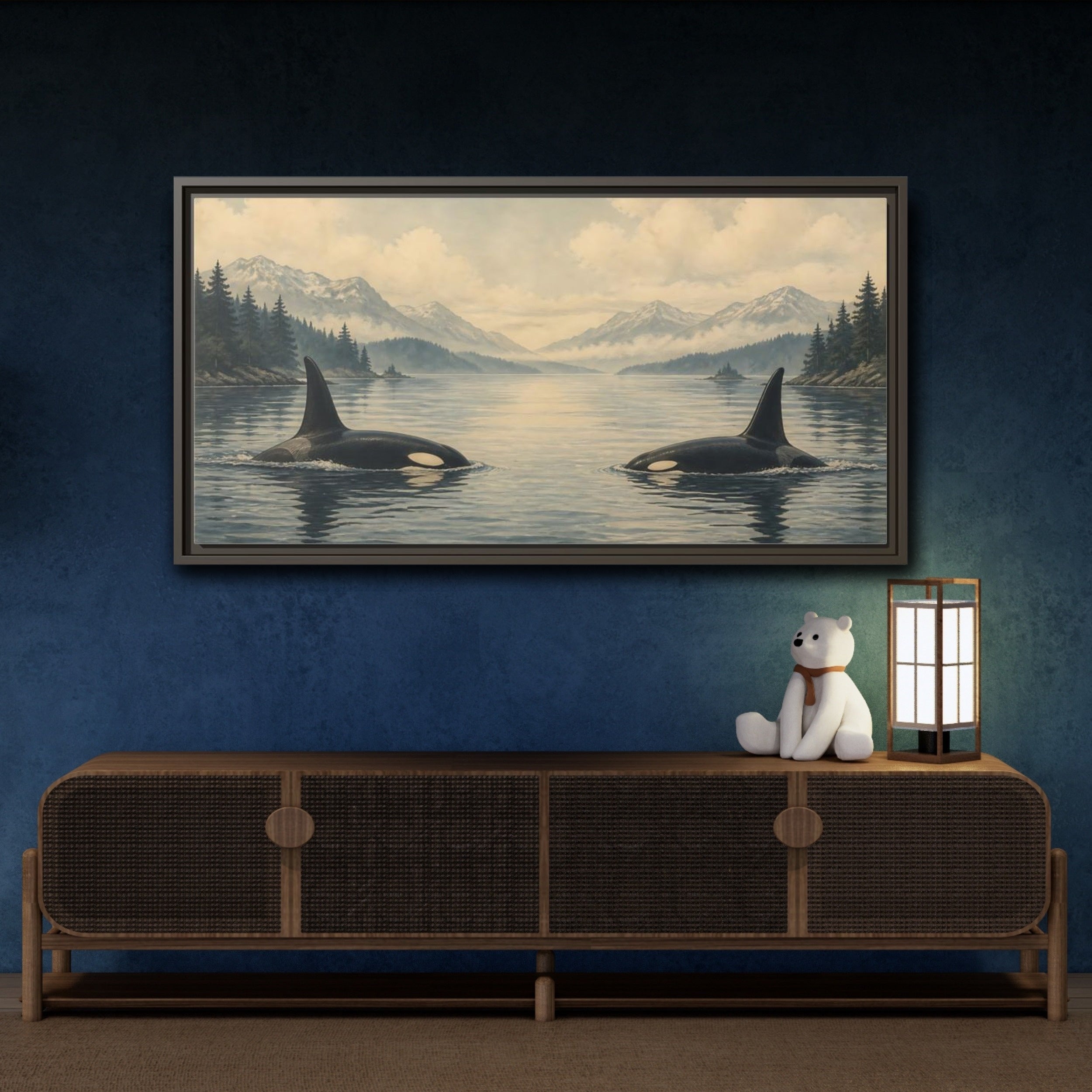 Mockup 4. Animals Orcas Orca Landscape shown as stretched canvas wall art