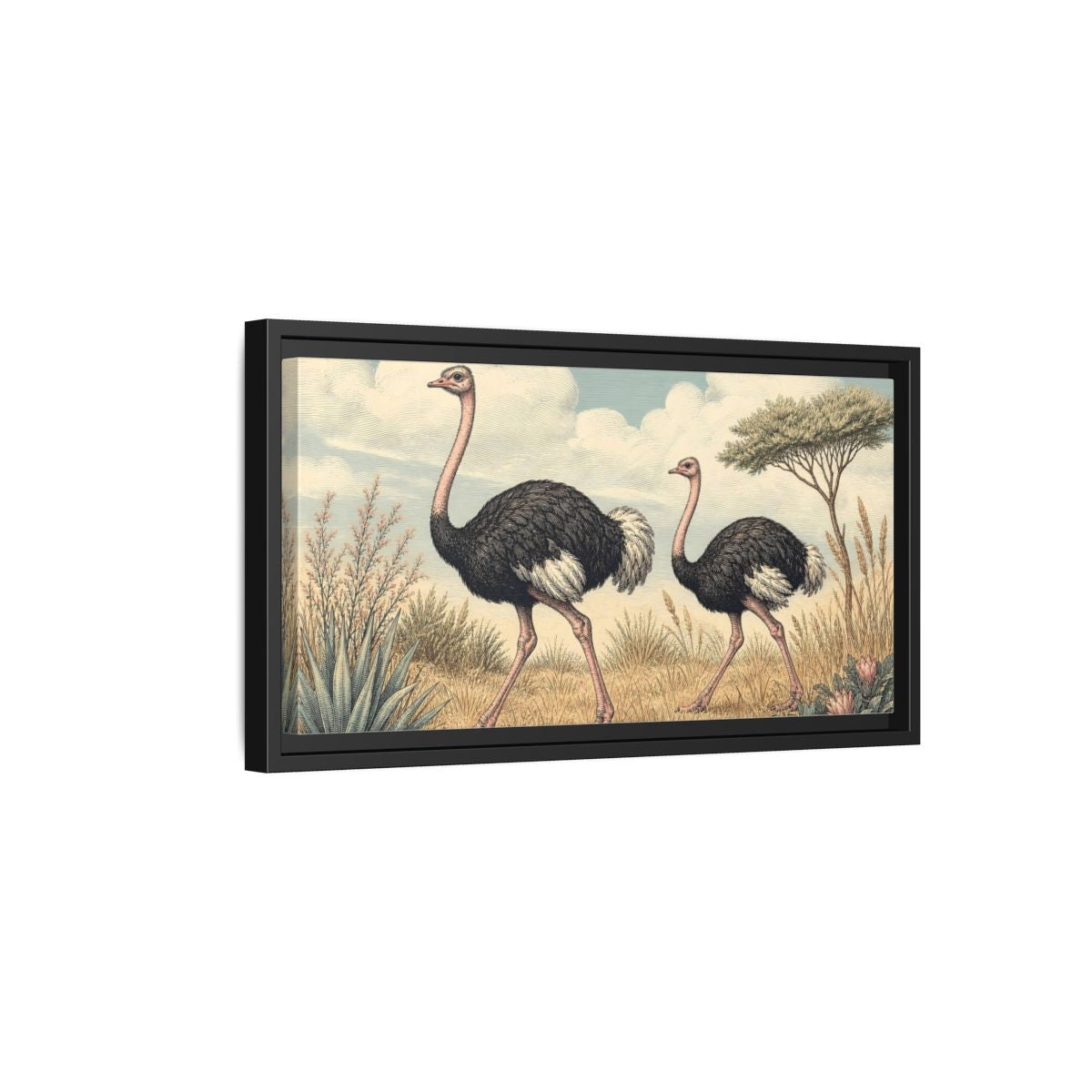 Side Mockup 8. Animals Ostriches Vintage Ostrich Landscape shown as stretched canvas wall art