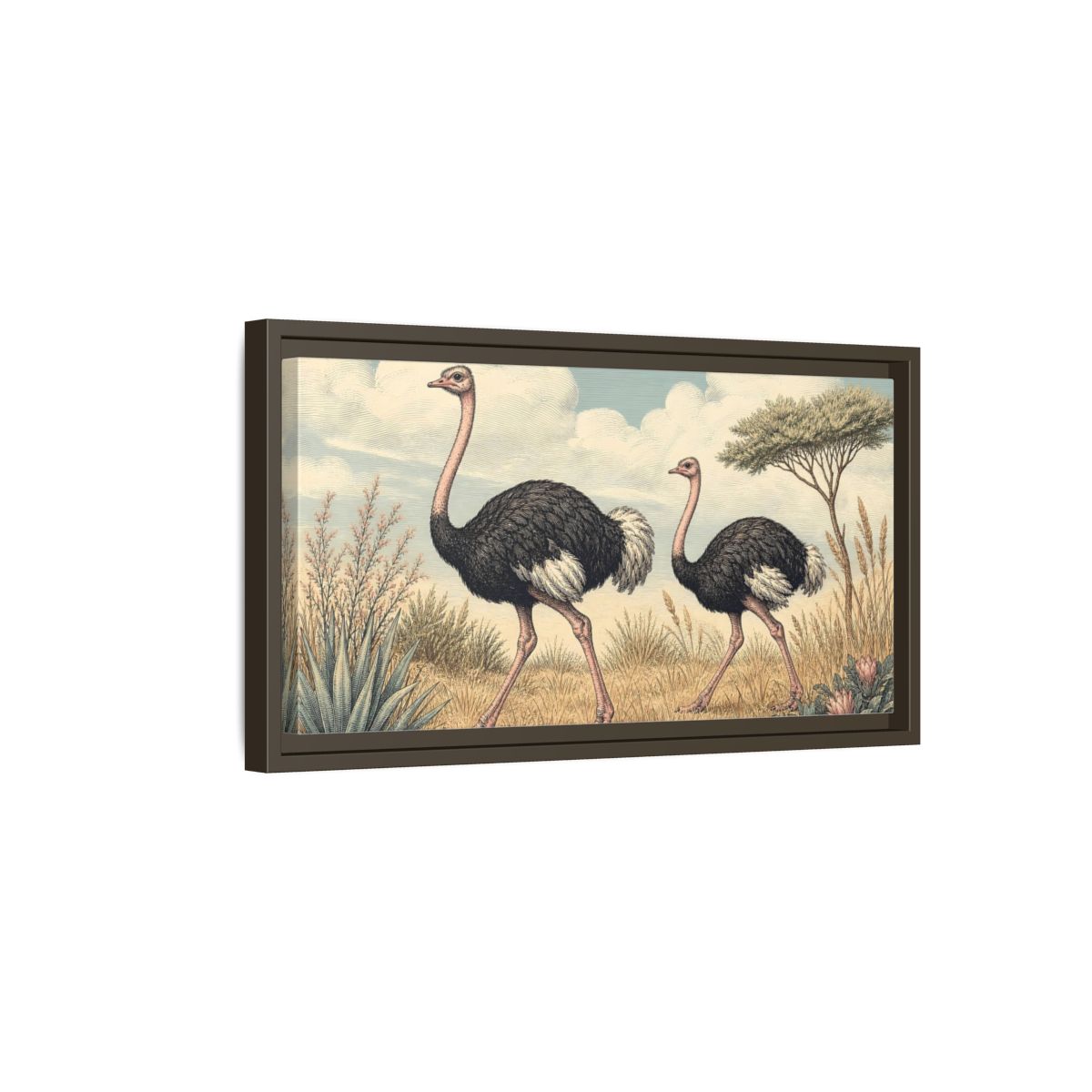 Side Mockup 7. Animals Ostriches Vintage Ostrich Landscape shown as stretched canvas wall art