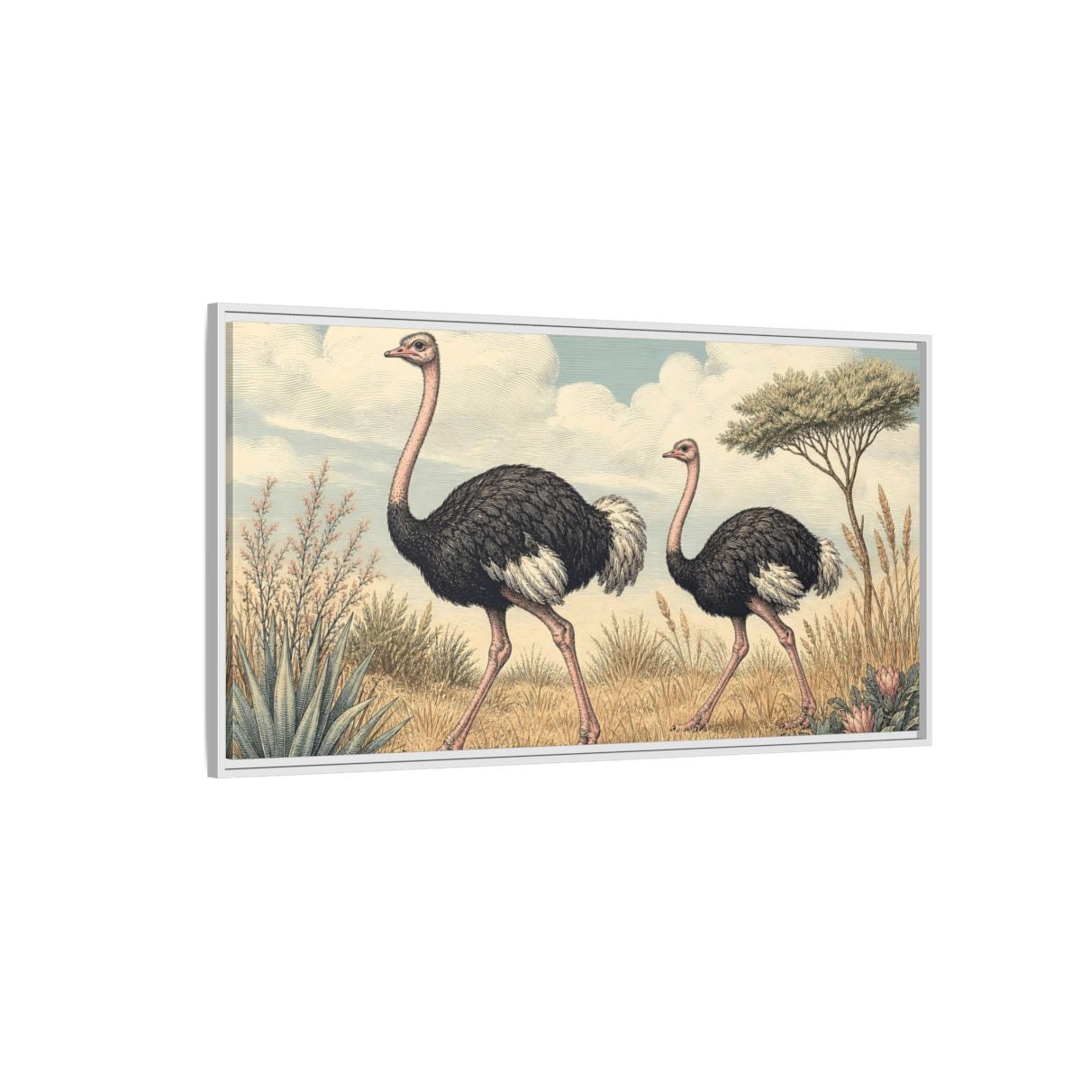 Side Mockup 3. Animals Ostriches Vintage Ostrich Landscape shown as stretched canvas wall art
