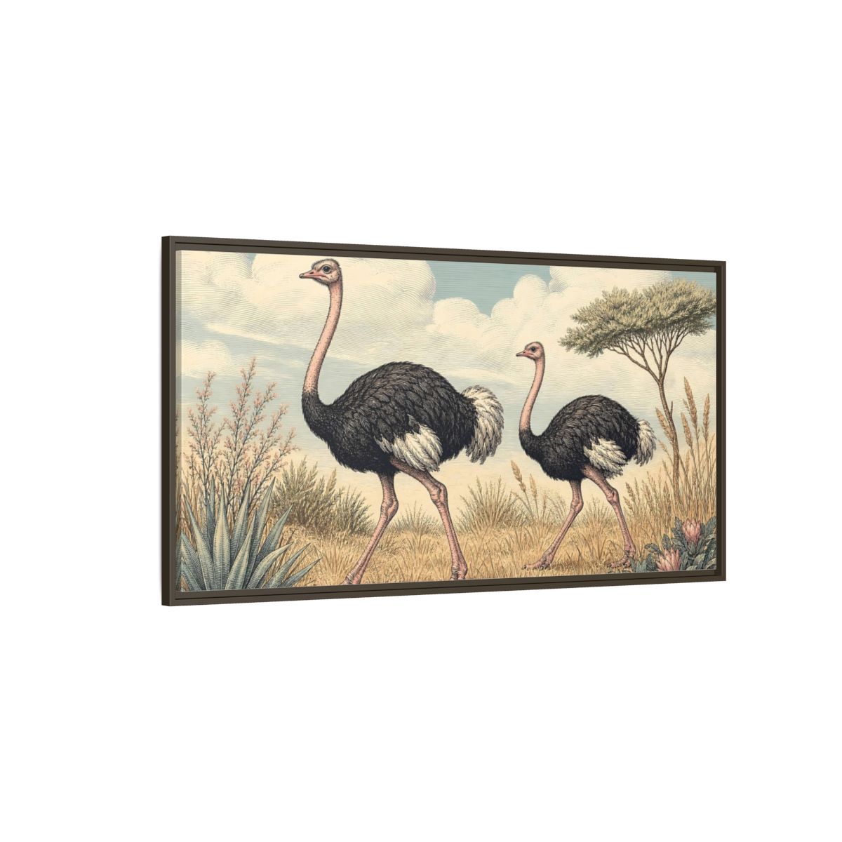 Side Mockup 4. Animals Ostriches Vintage Ostrich Landscape shown as stretched canvas wall art
