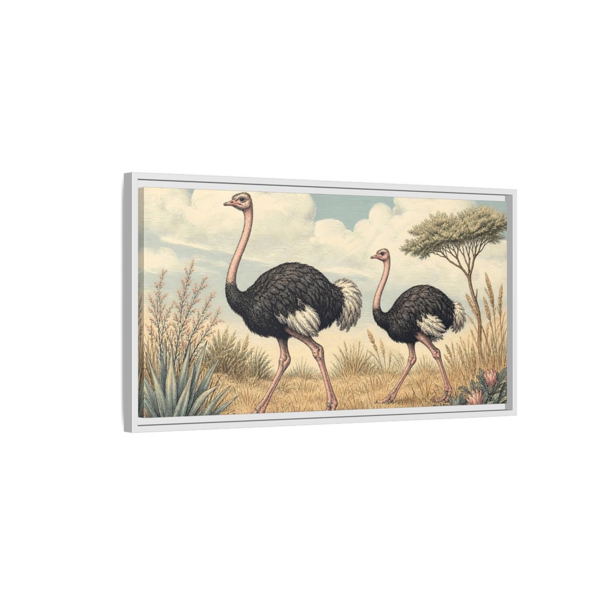 Side Mockup 1. Animals Ostriches Vintage Ostrich Landscape shown as stretched canvas wall art