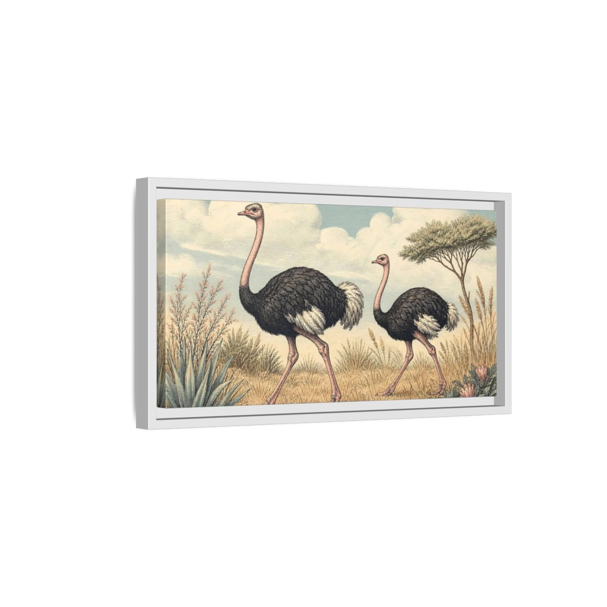 Side Mockup 6. Animals Ostriches Vintage Ostrich Landscape shown as stretched canvas wall art