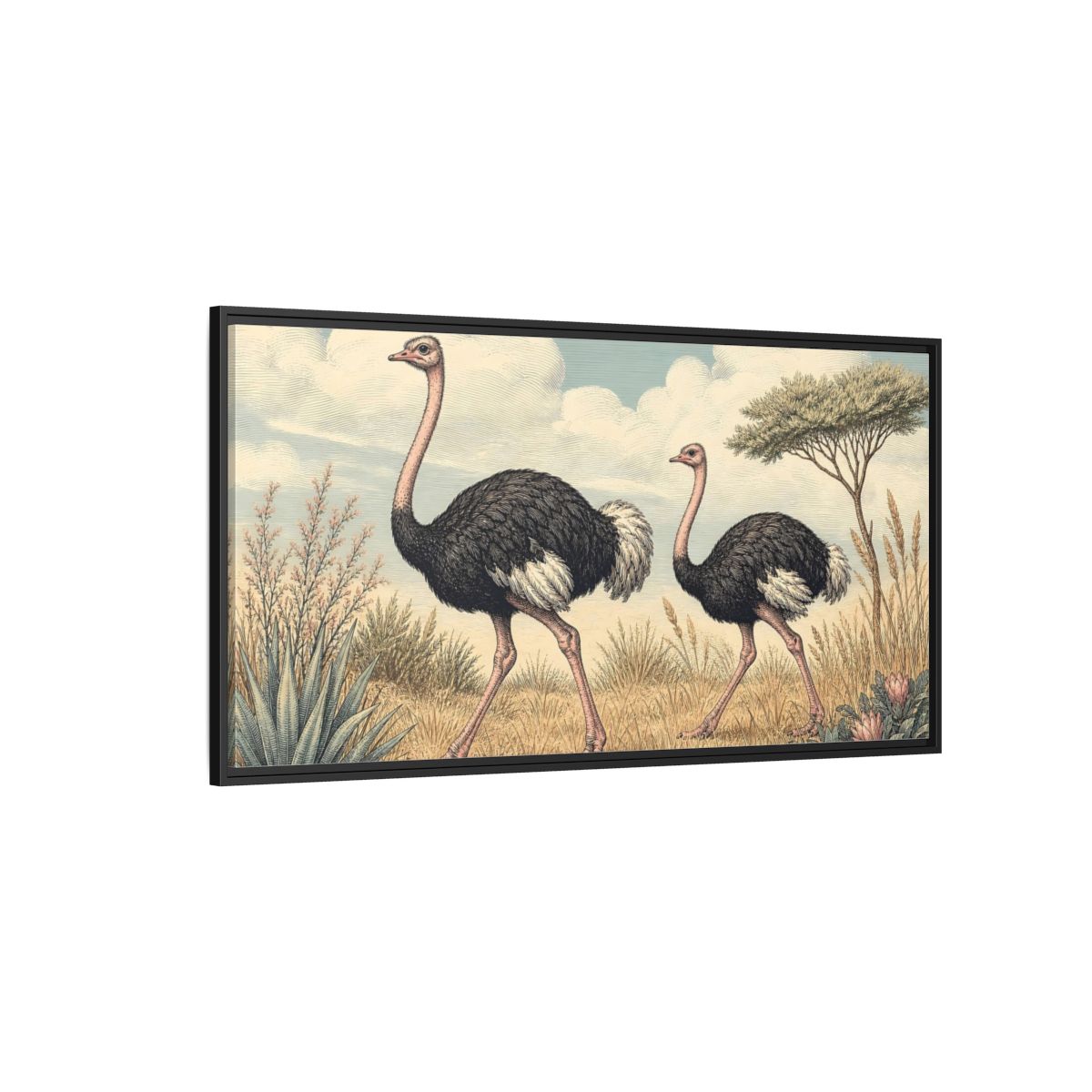 Side Mockup 5. Animals Ostriches Vintage Ostrich Landscape shown as stretched canvas wall art