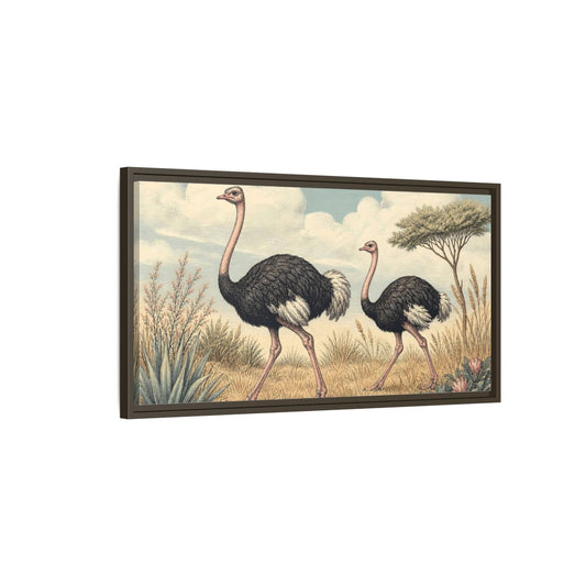 Main Mockup. Animals Ostriches Vintage Ostrich Landscape shown as stretched canvas wall art