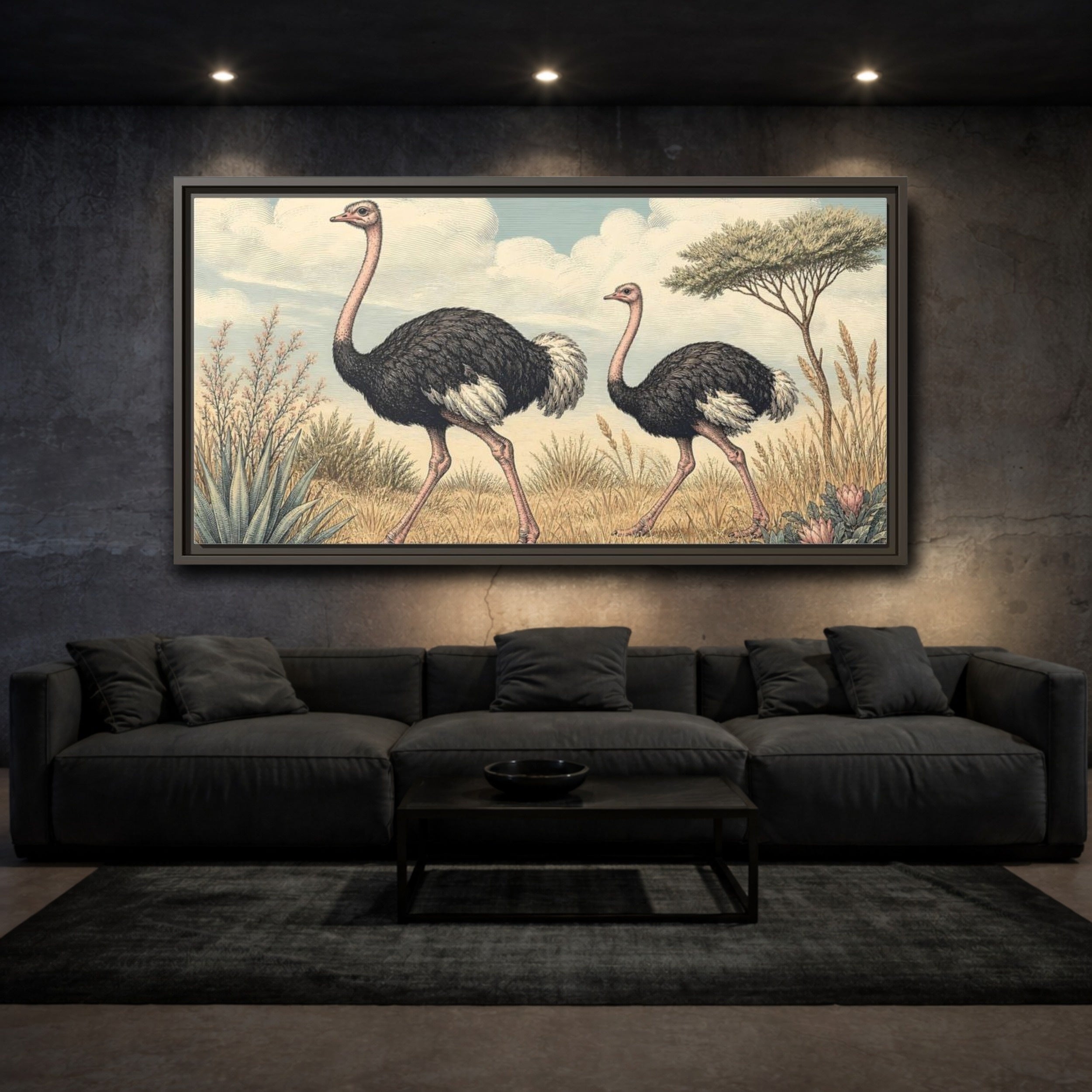 Mockup 2. Animals Ostriches Vintage Ostrich Landscape shown as stretched canvas wall art