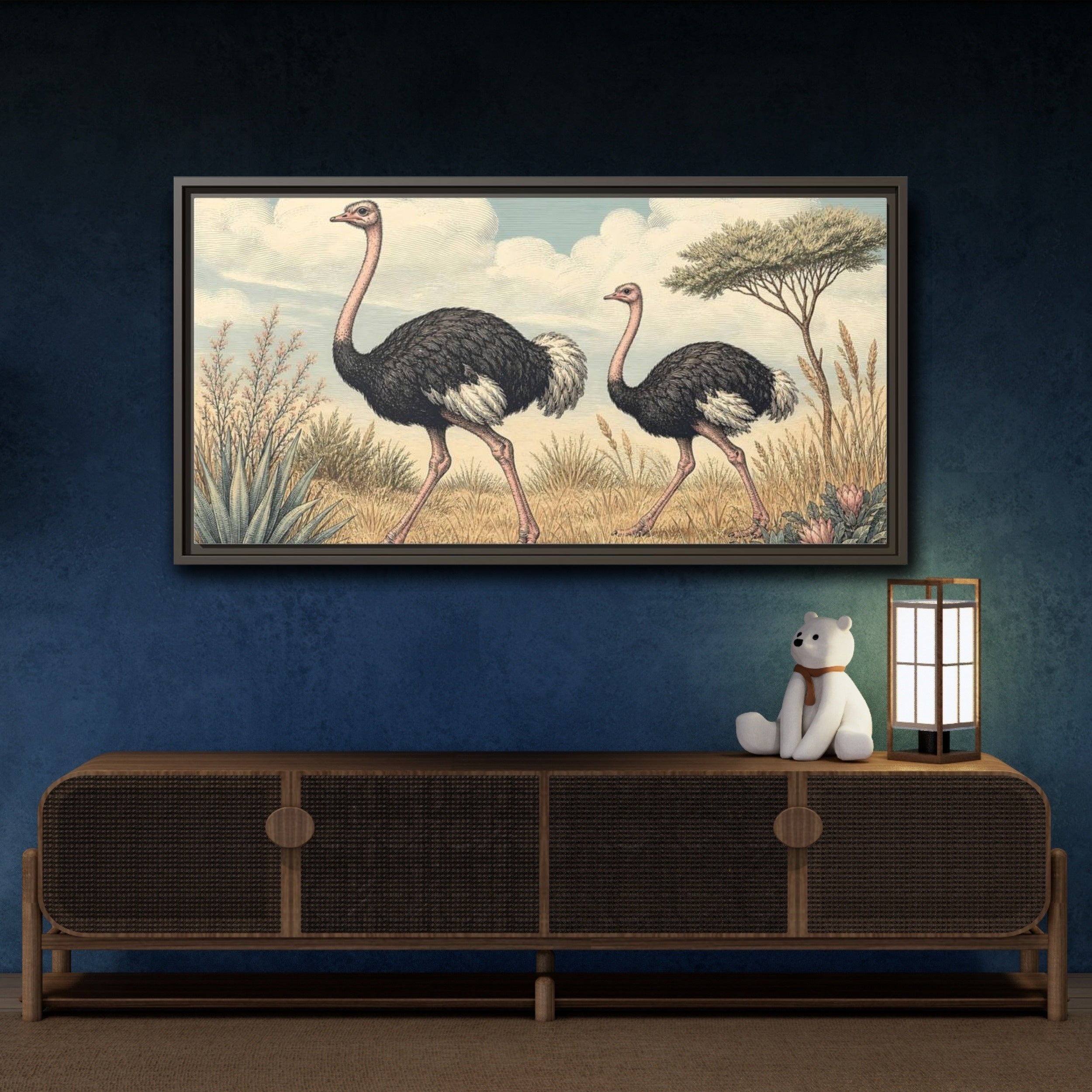 Mockup 4. Animals Ostriches Vintage Ostrich Landscape shown as stretched canvas wall art