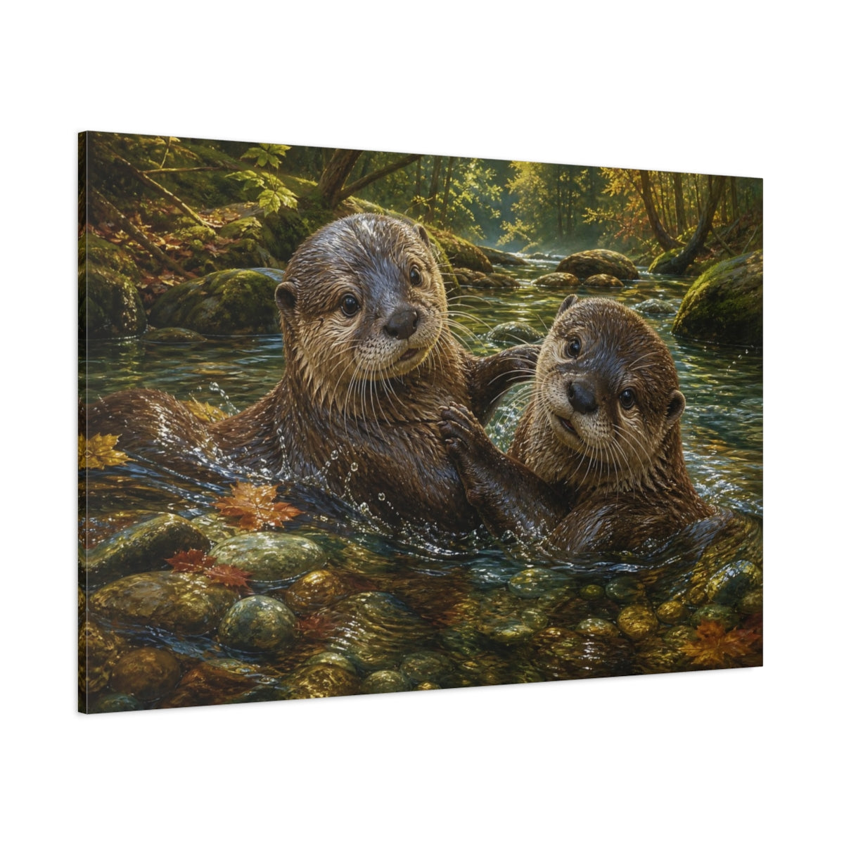 Side Mockup 1. Animals Otters Lively Otters shown as stretched canvas wall art