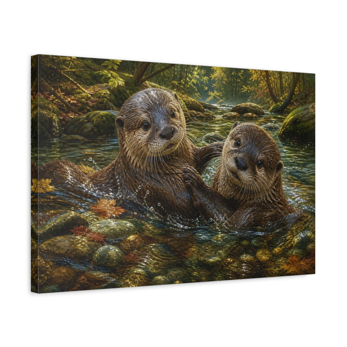 Side Mockup 3. Animals Otters Lively Otters shown as stretched canvas wall art