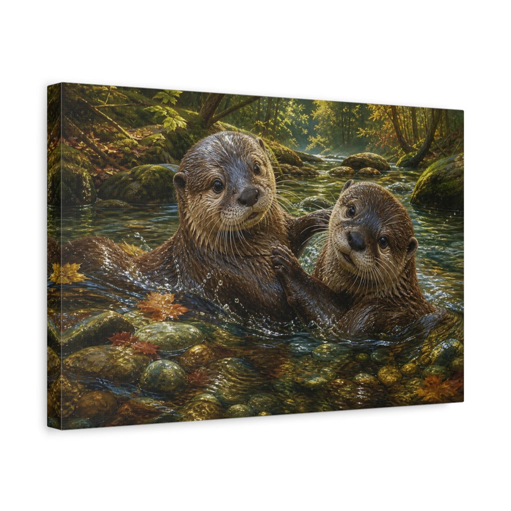 Side Mockup 4. Animals Otters Lively Otters shown as stretched canvas wall art