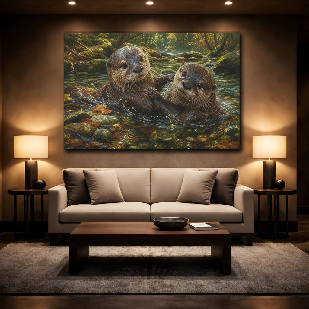 Mockup 2. Animals Otters Lively Otters shown as stretched canvas wall art