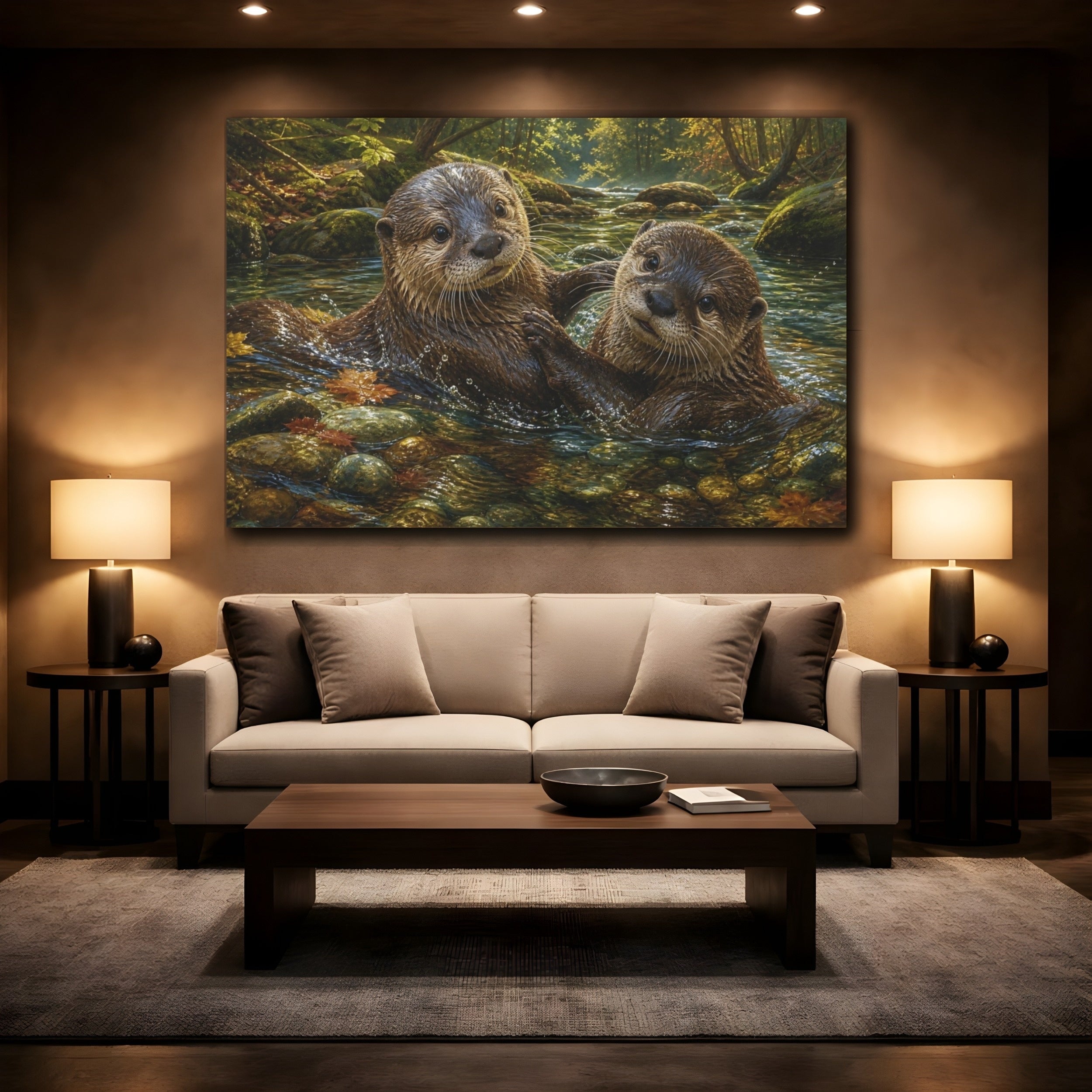 Mockup 2. Animals Otters Lively Otters shown as stretched canvas wall art