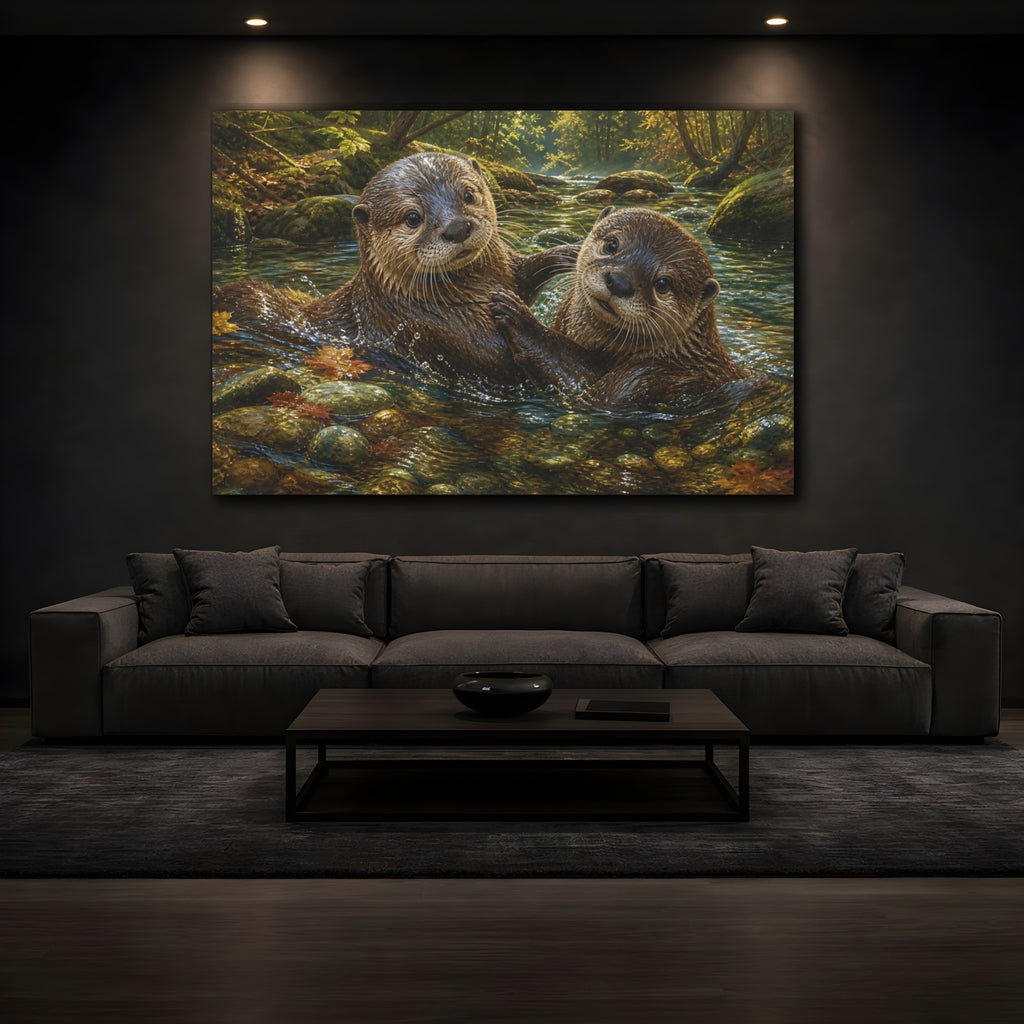 Mockup 3. Animals Otters Lively Otters shown as stretched canvas wall art