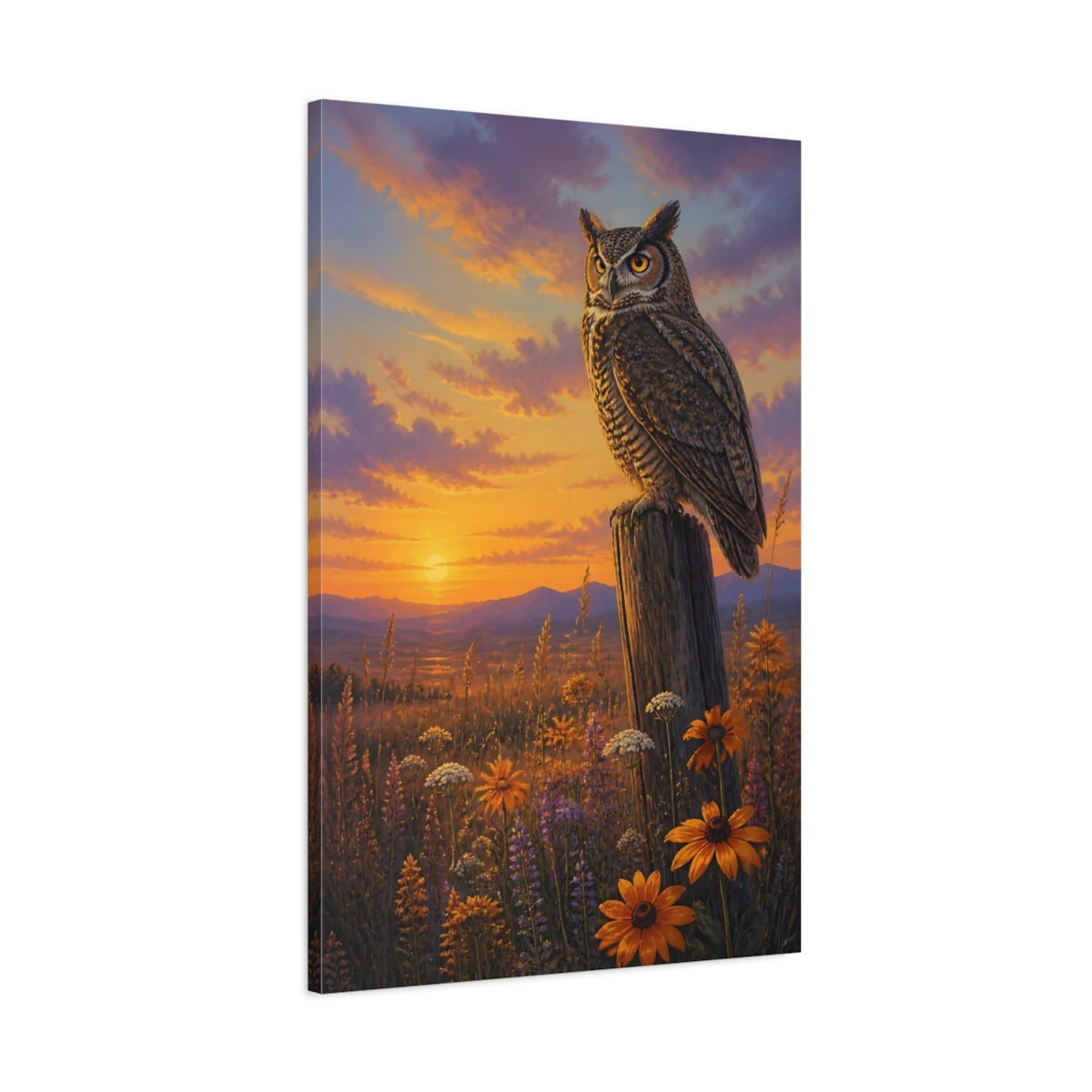 Main Mockup. Animals Owl At Golden Dusk shown as canvas print