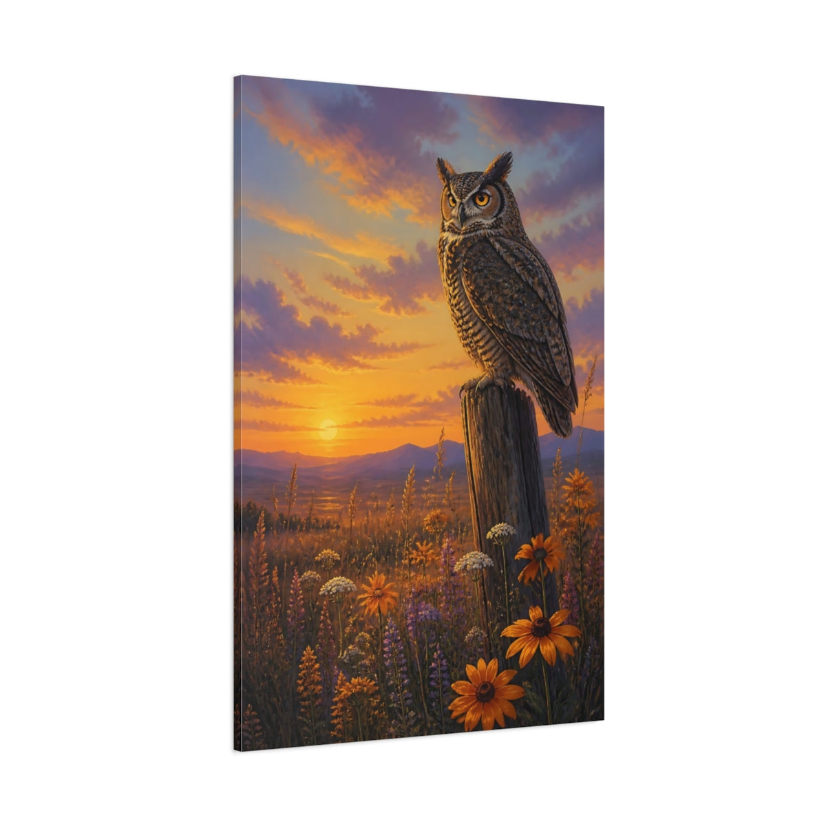 Side Mockup 1. Animals Owl At Golden Dusk shown as canvas print