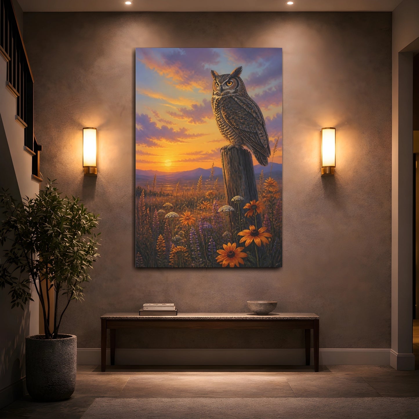 Mockup 2. Animals Owl At Golden Dusk shown as canvas print
