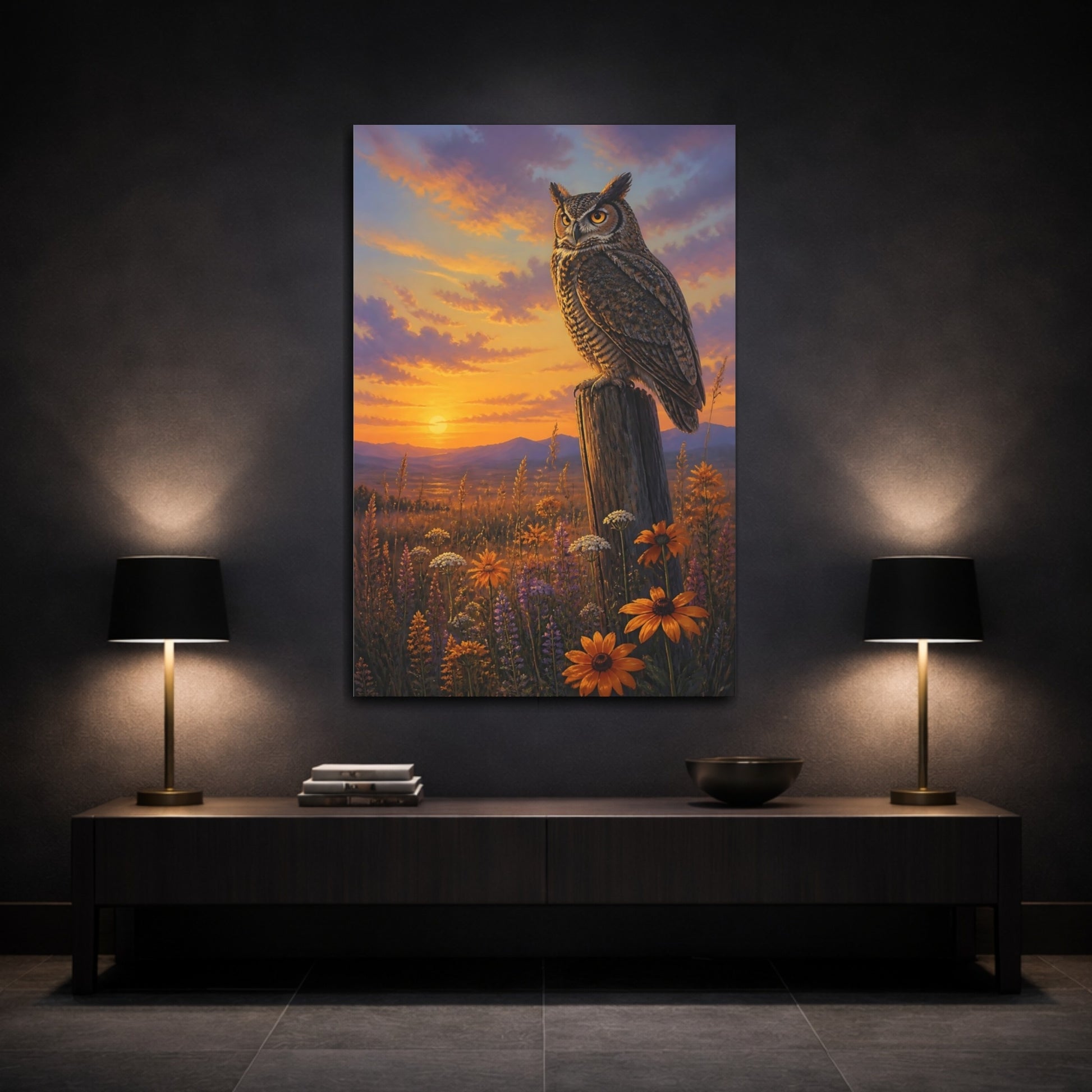 Mockup 3. Animals Owl At Golden Dusk shown as canvas print