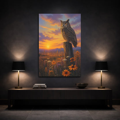 Mockup 3. Animals Owl At Golden Dusk shown as canvas print
