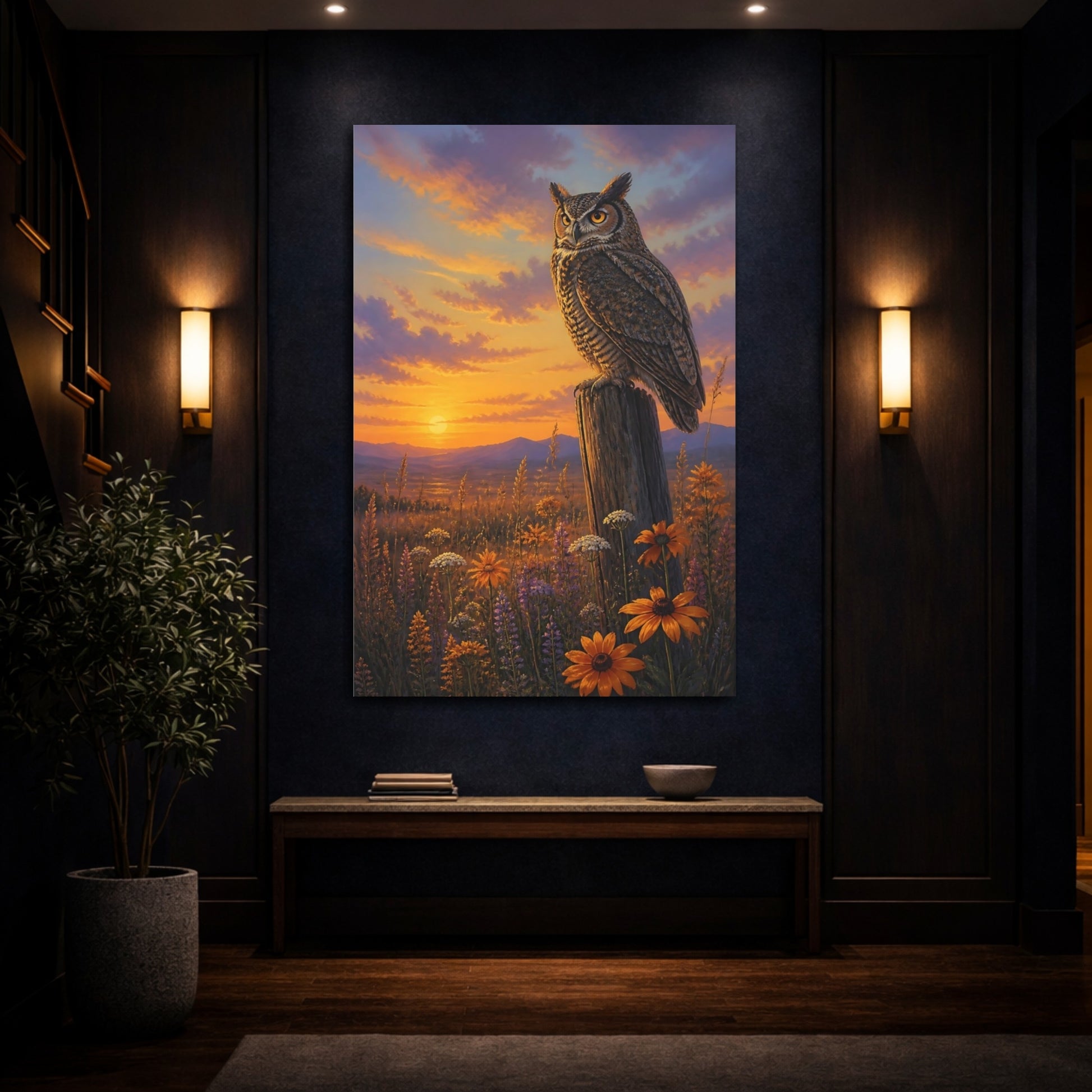 Mockup 4. Animals Owl At Golden Dusk shown as canvas print
