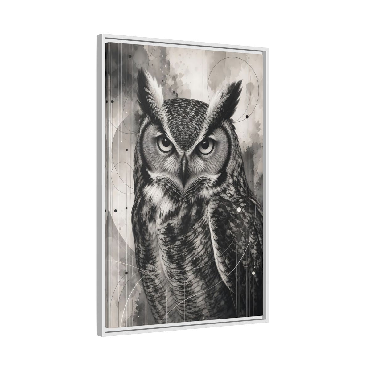 Side Mockup 9. Animals Owl Black And White Owl shown as stretched canvas wall art