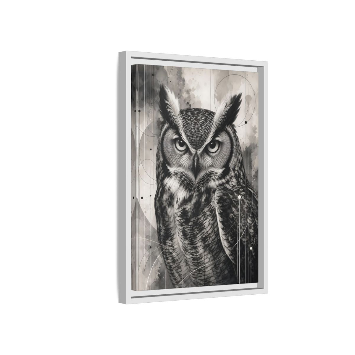 Side Mockup 4. Animals Owl Black And White Owl shown as stretched canvas wall art
