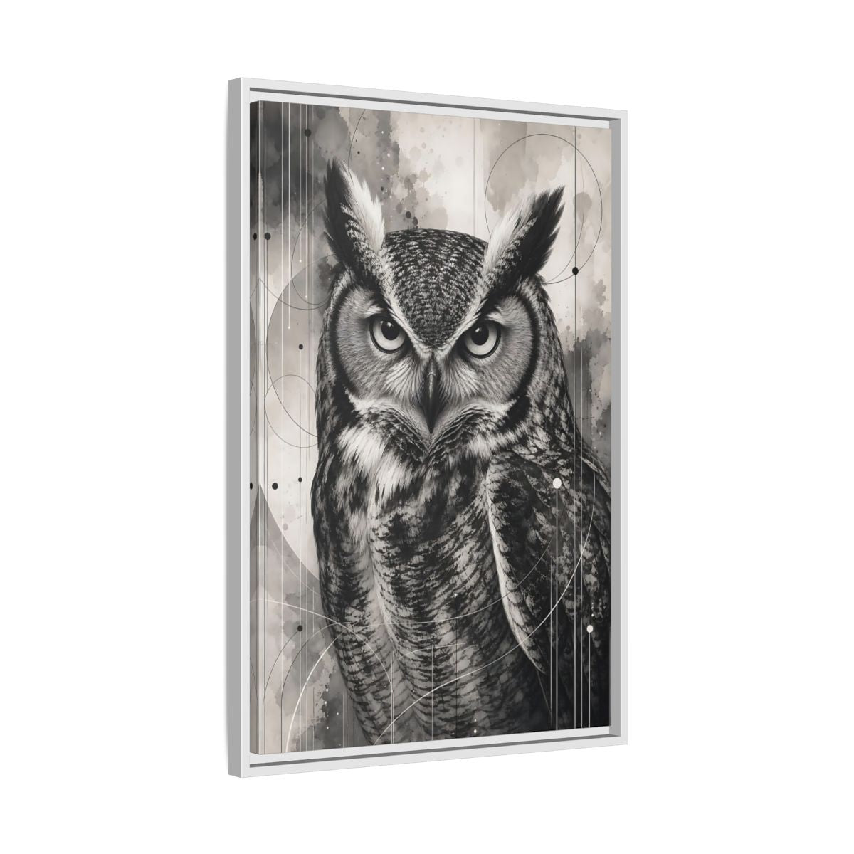 Side Mockup 10. Animals Owl Black And White Owl shown as stretched canvas wall art