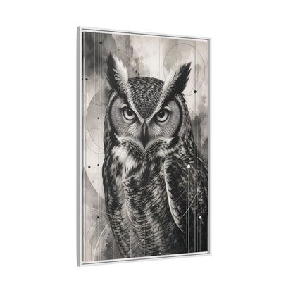 Side Mockup 7. Animals Owl Black And White Owl shown as stretched canvas wall art