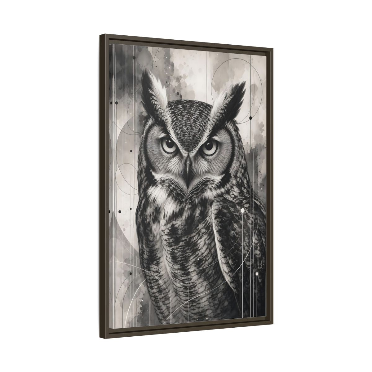 Side Mockup 11. Animals Owl Black And White Owl shown as stretched canvas wall art