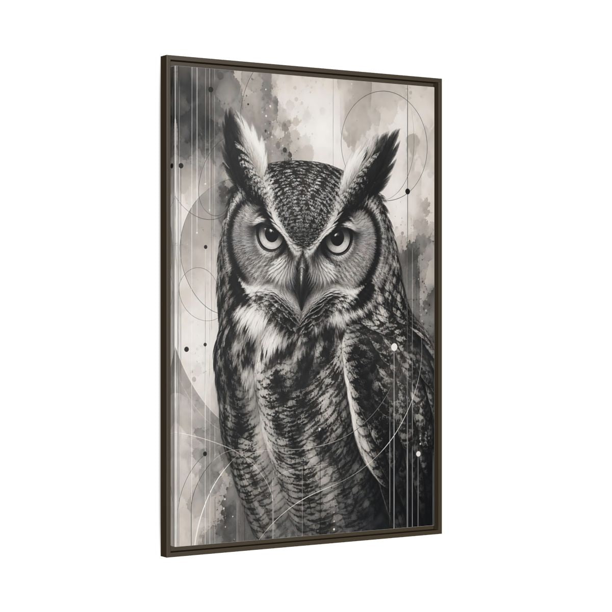 Side Mockup 8. Animals Owl Black And White Owl shown as stretched canvas wall art