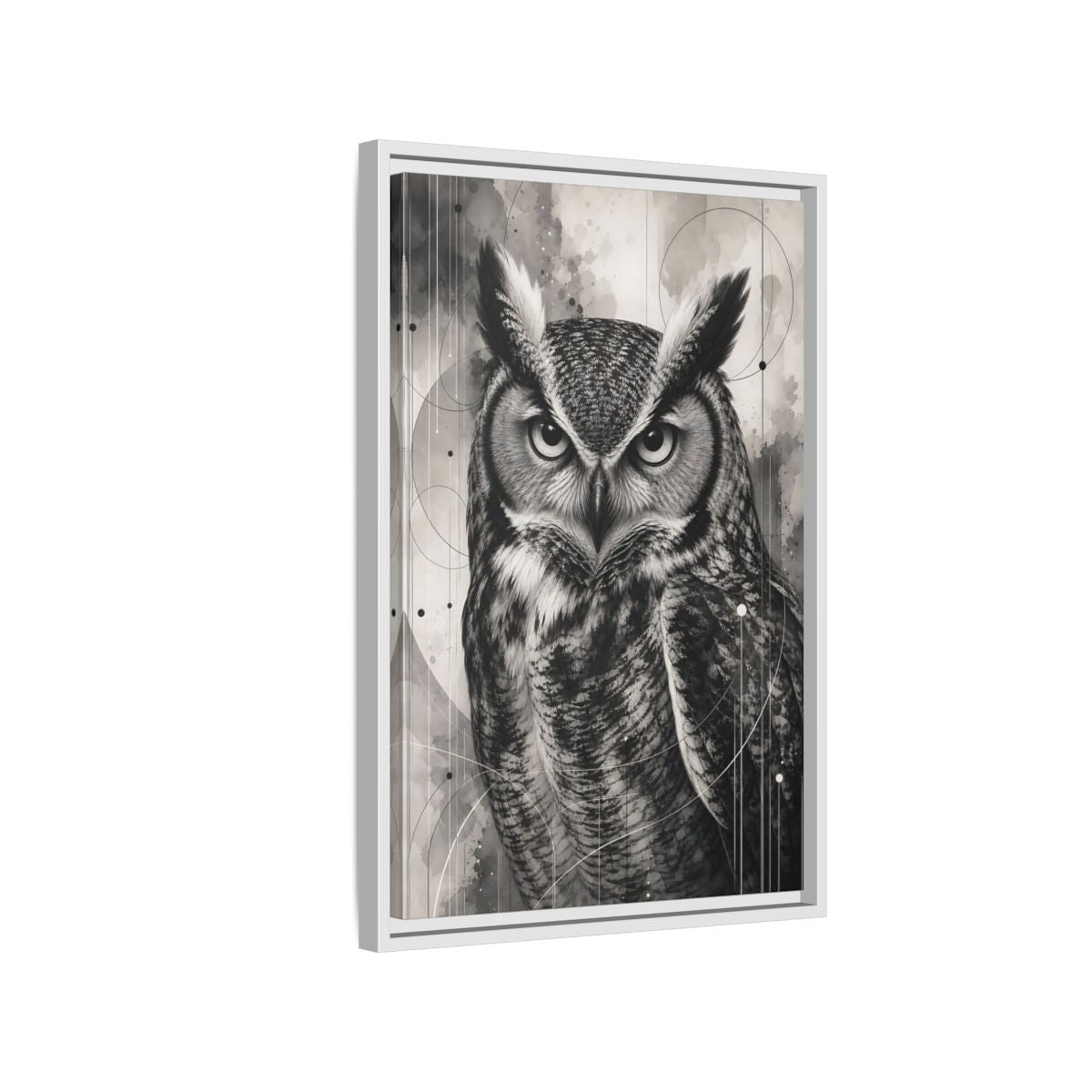 Side Mockup 1. Animals Owl Black And White Owl shown as stretched canvas wall art