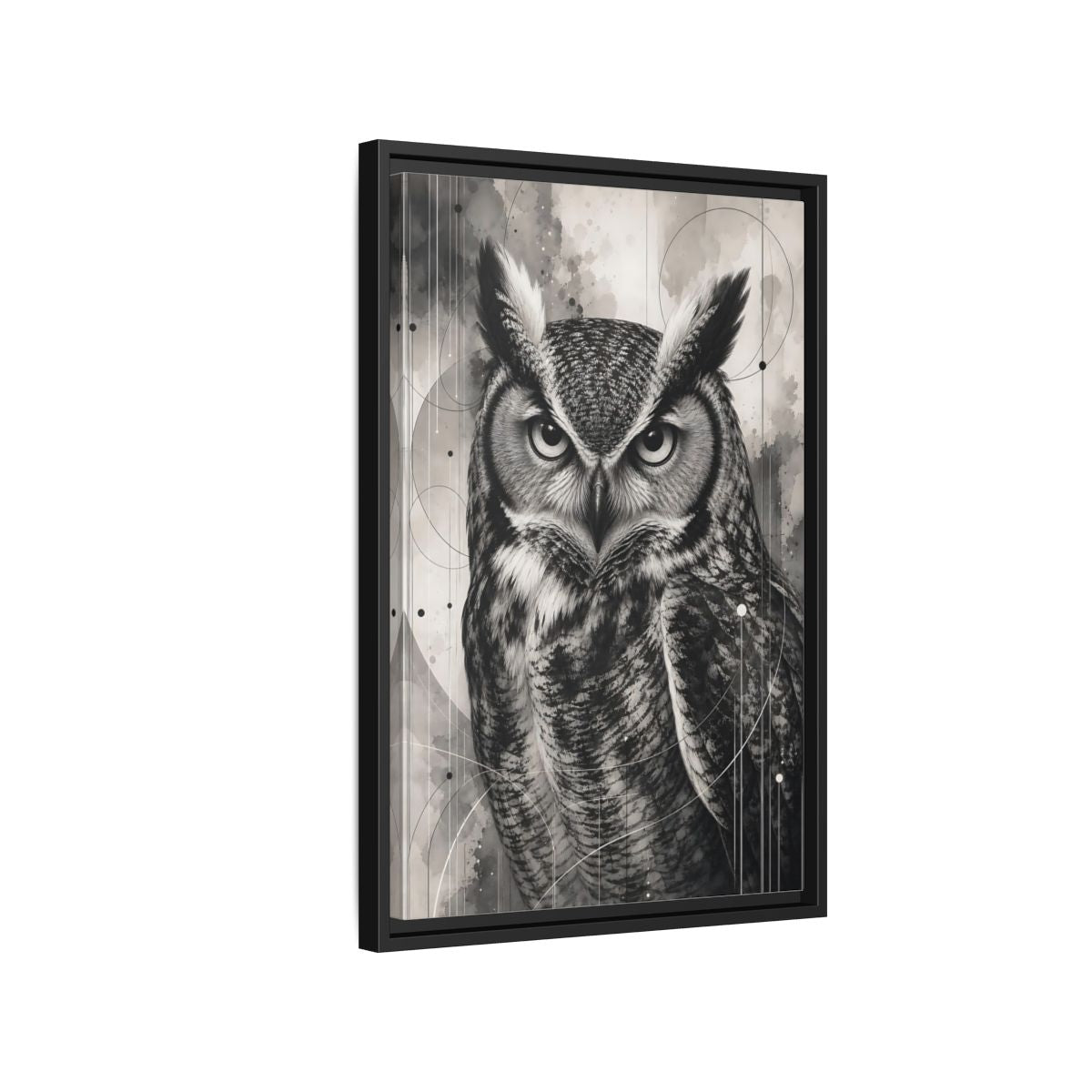 Side Mockup 3. Animals Owl Black And White Owl shown as stretched canvas wall art