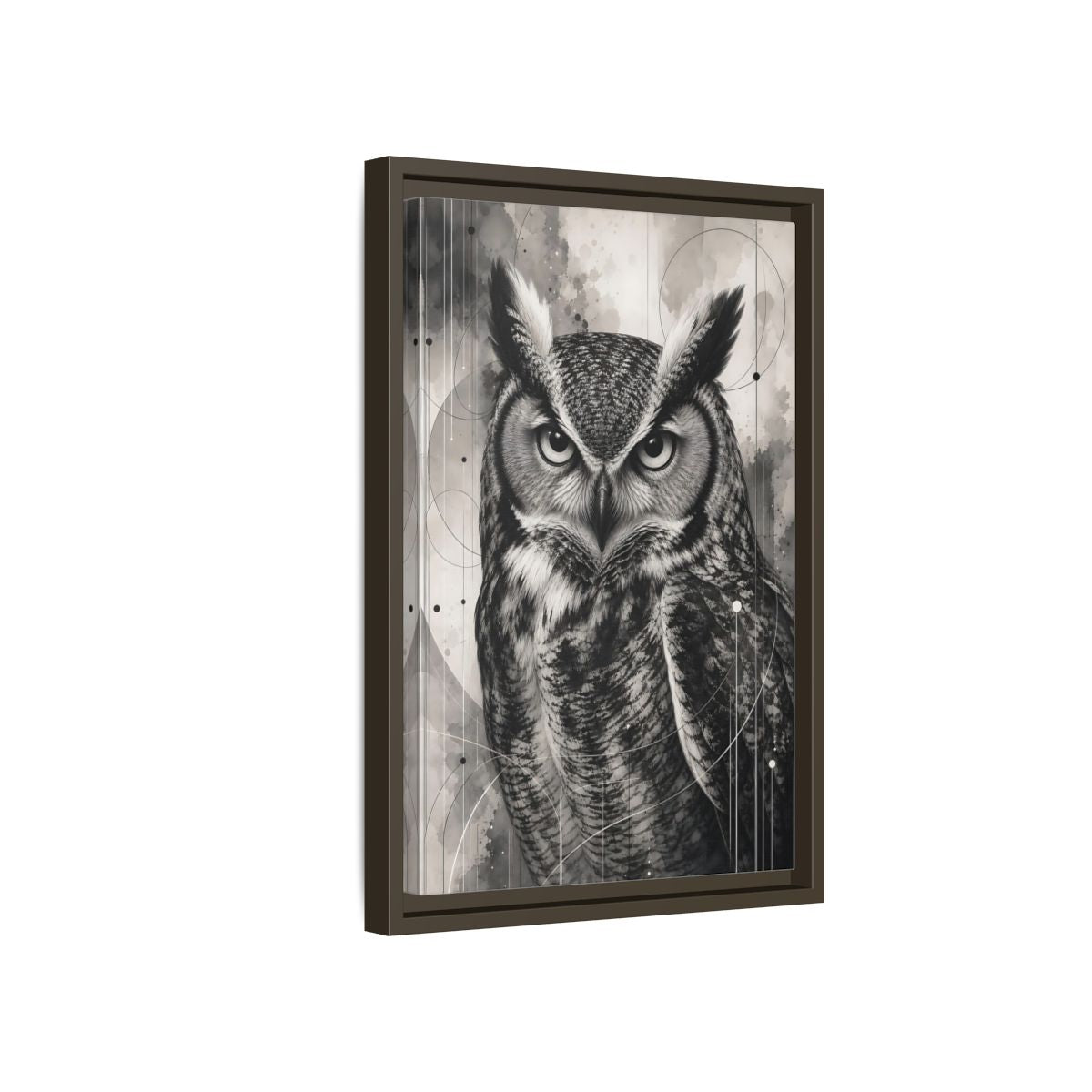 Side Mockup 5. Animals Owl Black And White Owl shown as stretched canvas wall art
