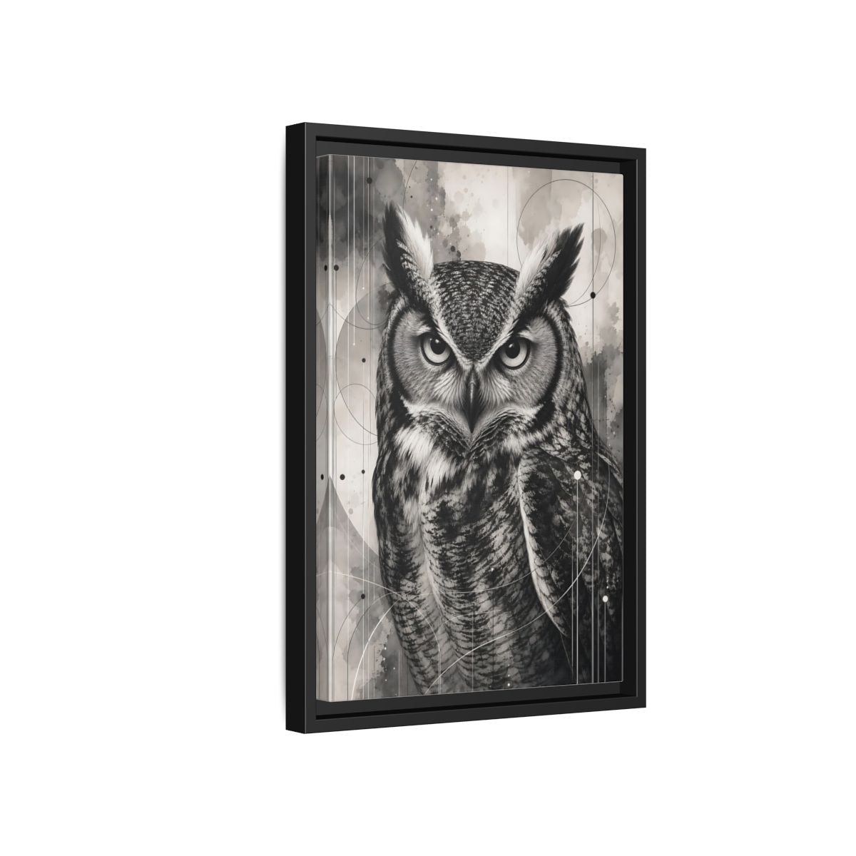 Side Mockup 6. Animals Owl Black And White Owl shown as stretched canvas wall art