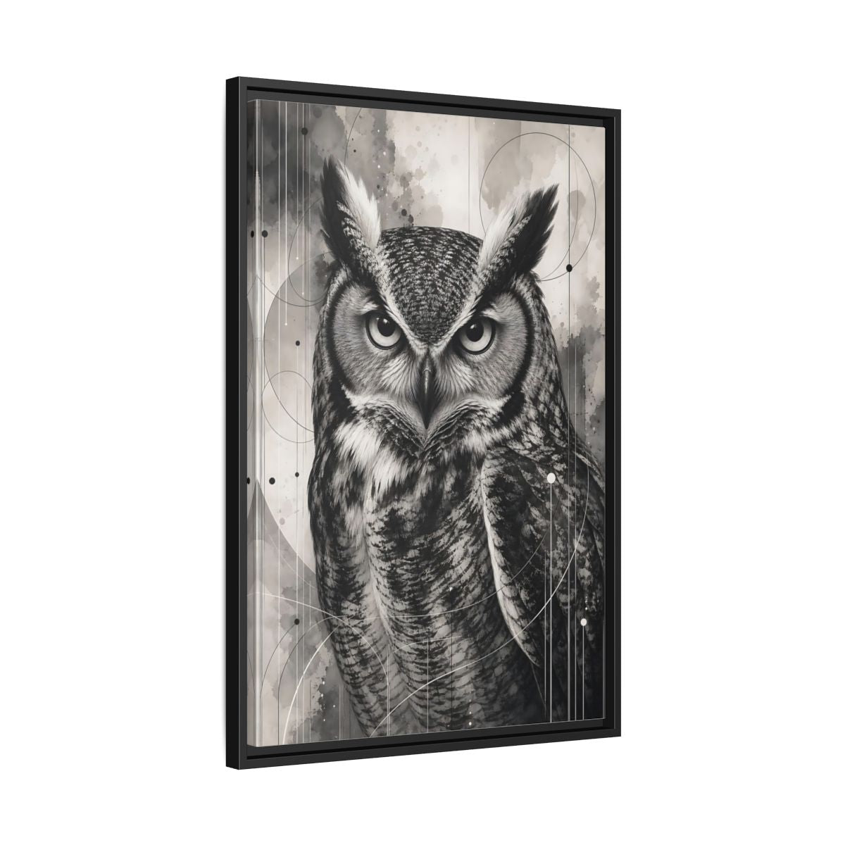Side Mockup 14. Animals Owl Black And White Owl shown as stretched canvas wall art