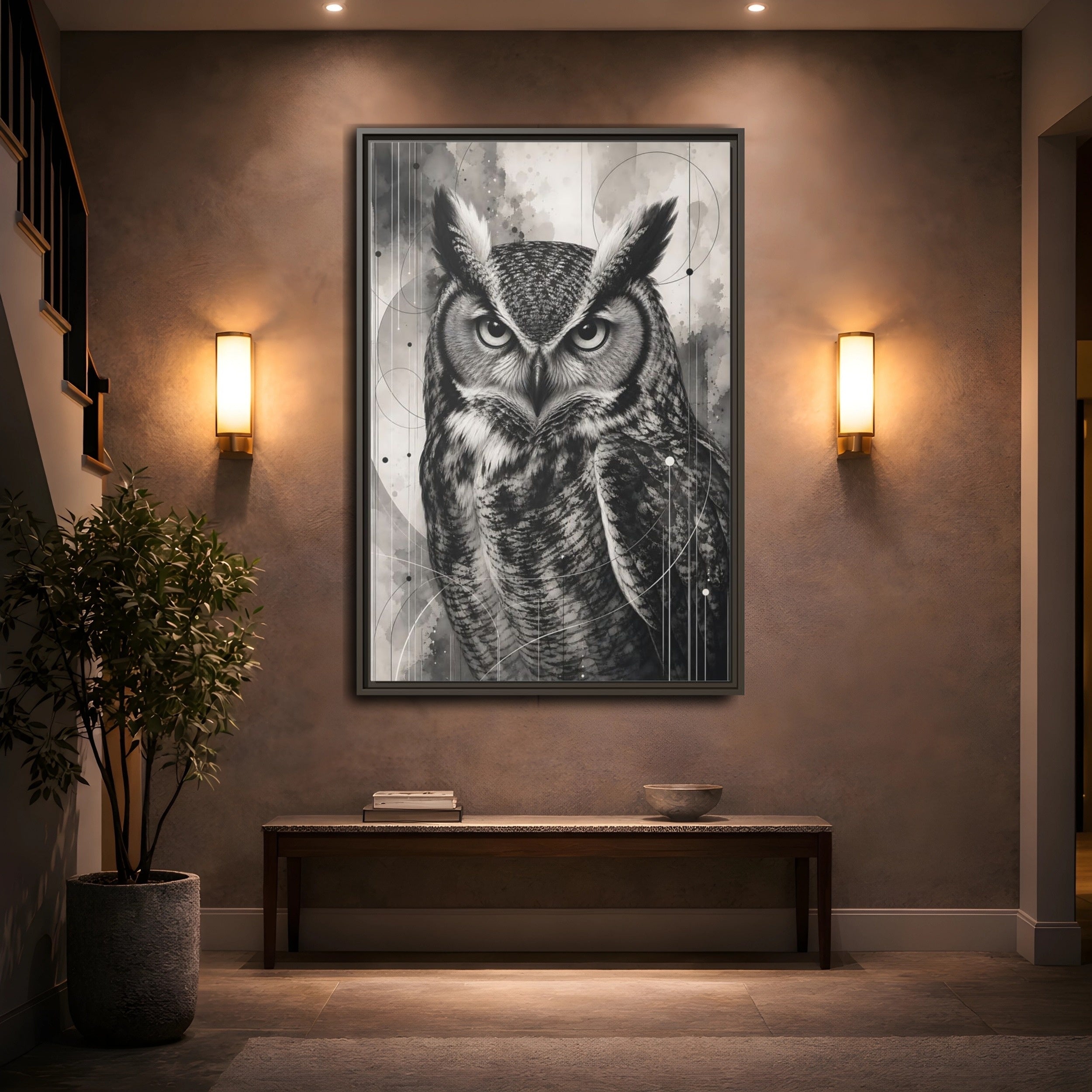 Mockup 2. Animals Owl Black And White Owl shown as stretched canvas wall art