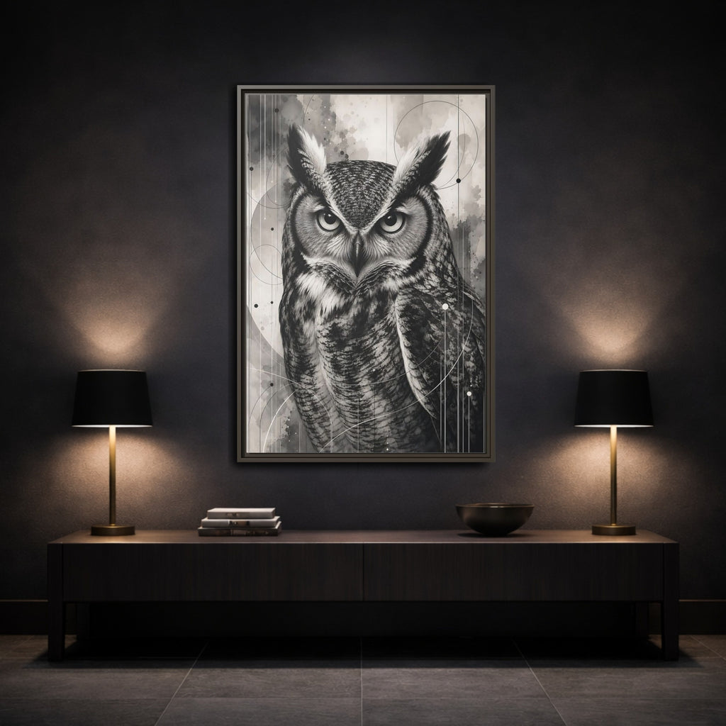 Mockup 3. Animals Owl Black And White Owl shown as stretched canvas wall art