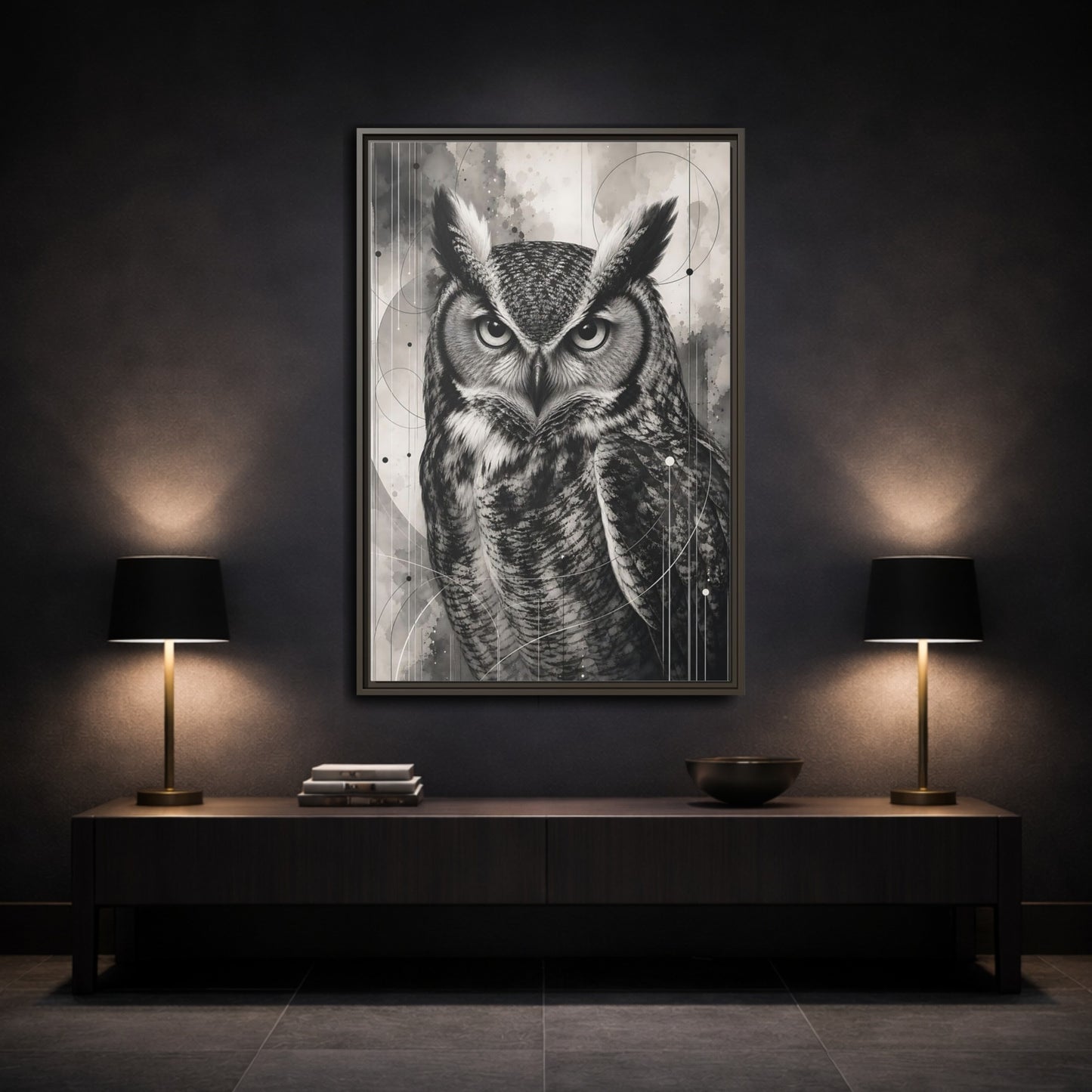 Mockup 3. Animals Owl Black And White Owl shown as stretched canvas wall art