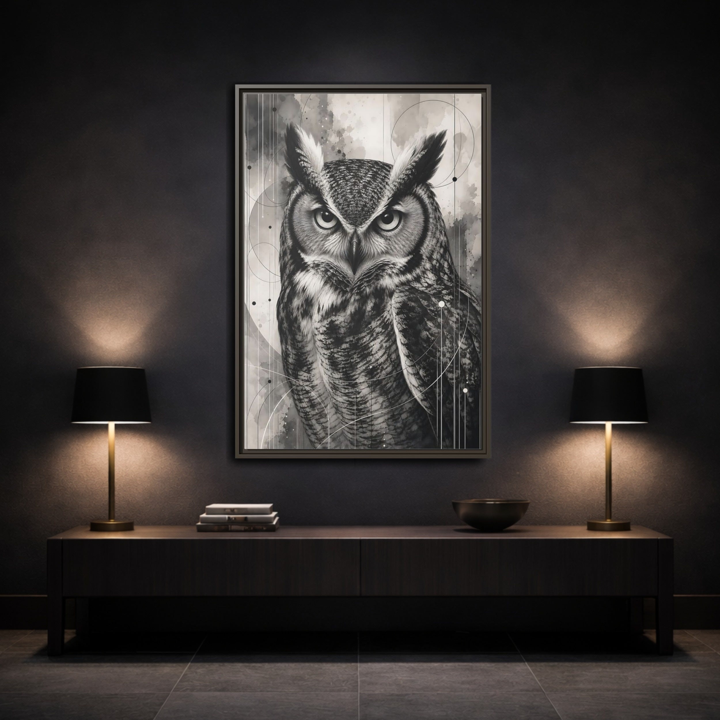 Mockup 3. Animals Owl Black And White Owl shown as stretched canvas wall art