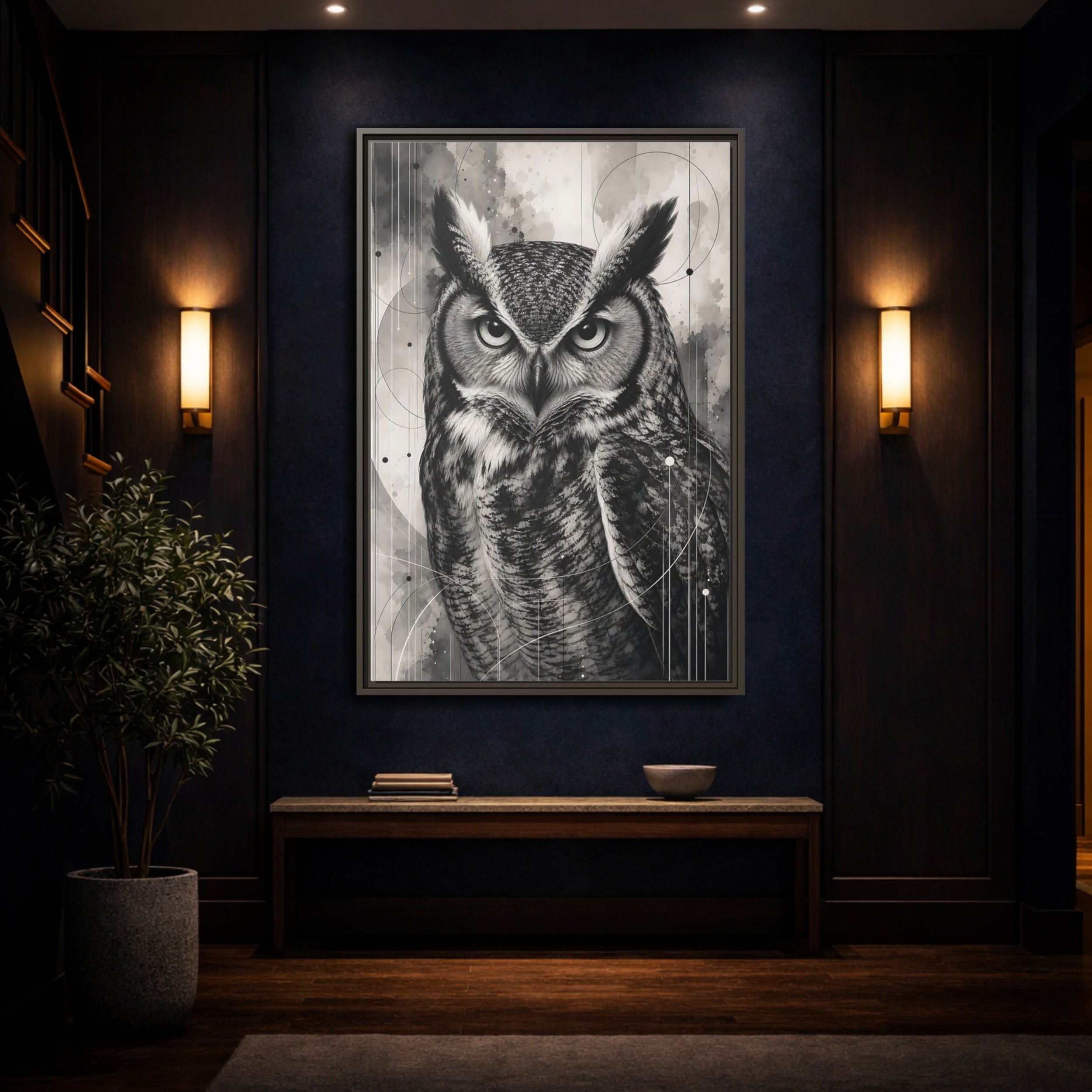 Mockup 4. Animals Owl Black And White Owl shown as stretched canvas wall art