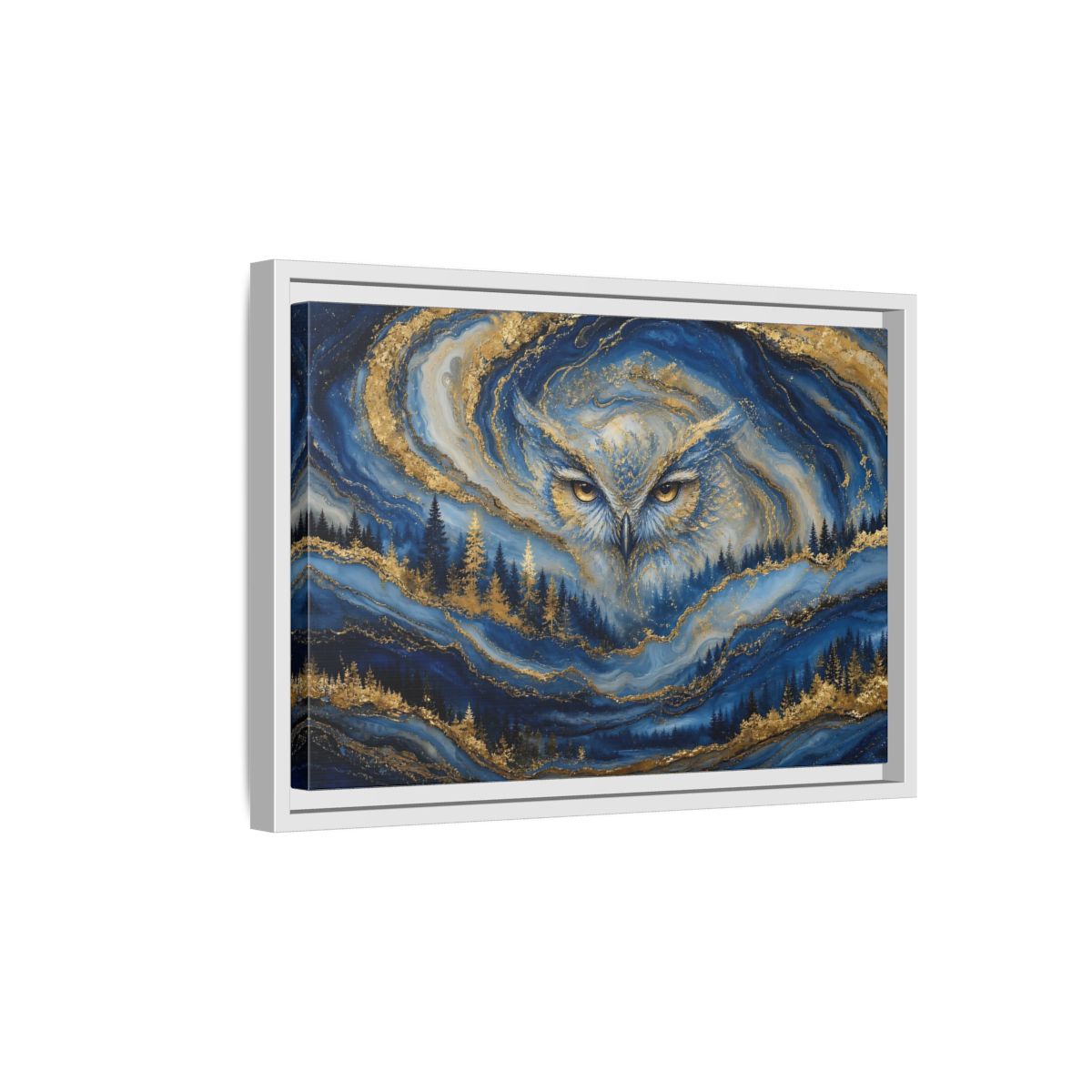 Side Mockup 4. Animals Owl Blue And Gold shown as stretched canvas wall art