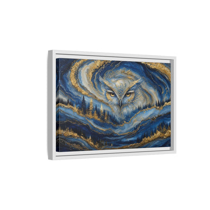 Side Mockup 4. Animals Owl Blue And Gold shown as stretched canvas wall art